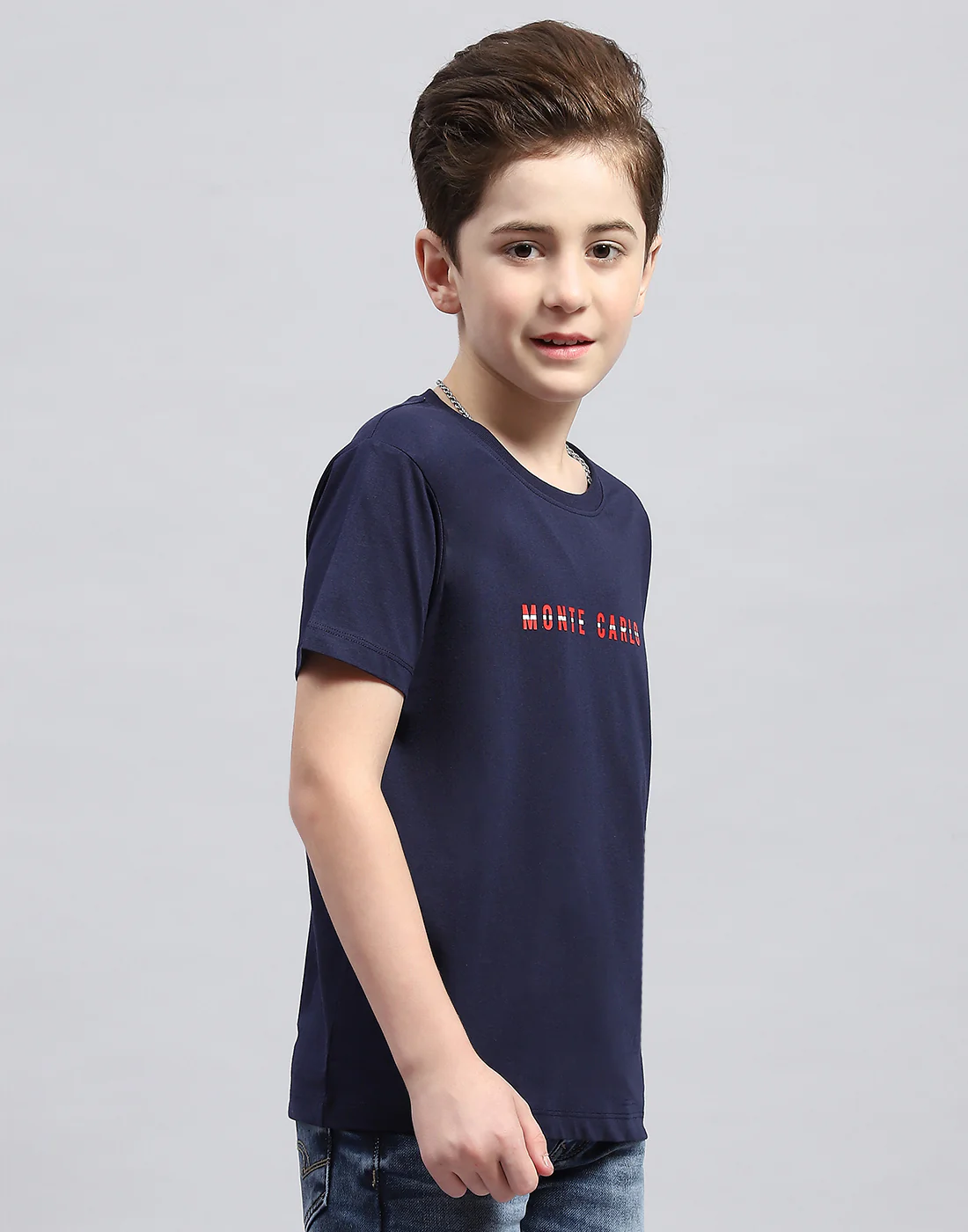 Boys Navy Blue Printed Round Neck Half Sleeve T-Shirt - Image 4