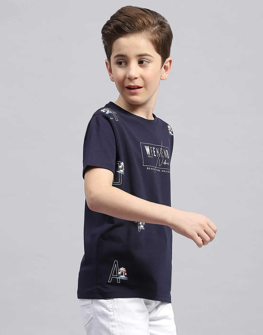 Boys Navy Blue Printed Round Neck Half Sleeve T-Shirt - Image 4