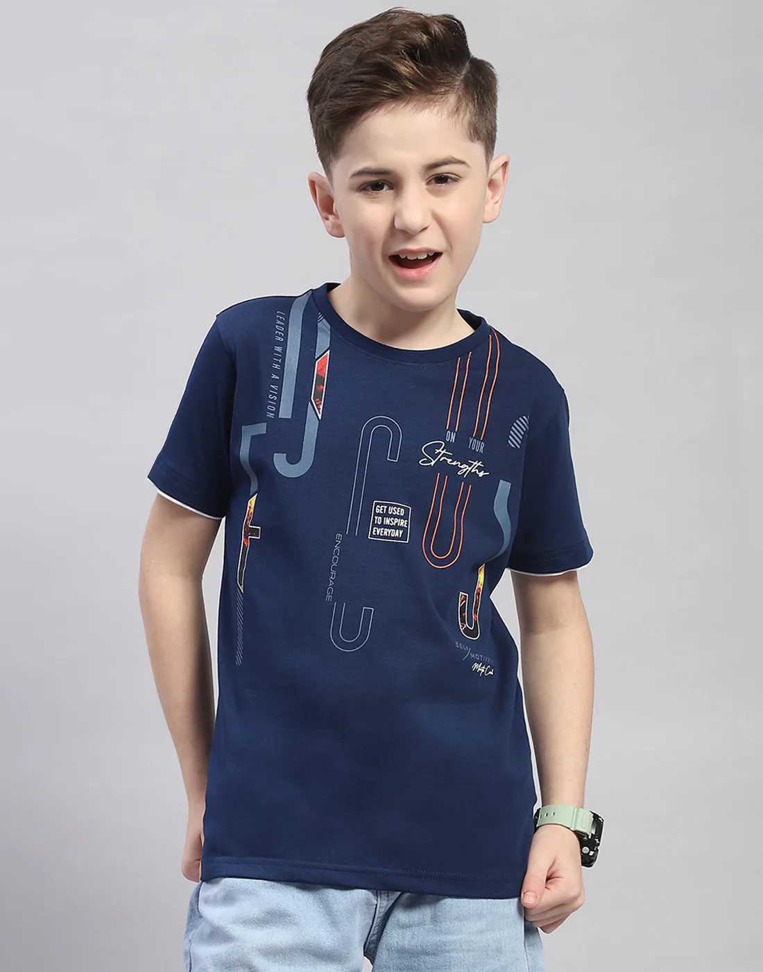 Boys Navy Blue Printed Round Neck Half Sleeve T-Shirt - Image 2