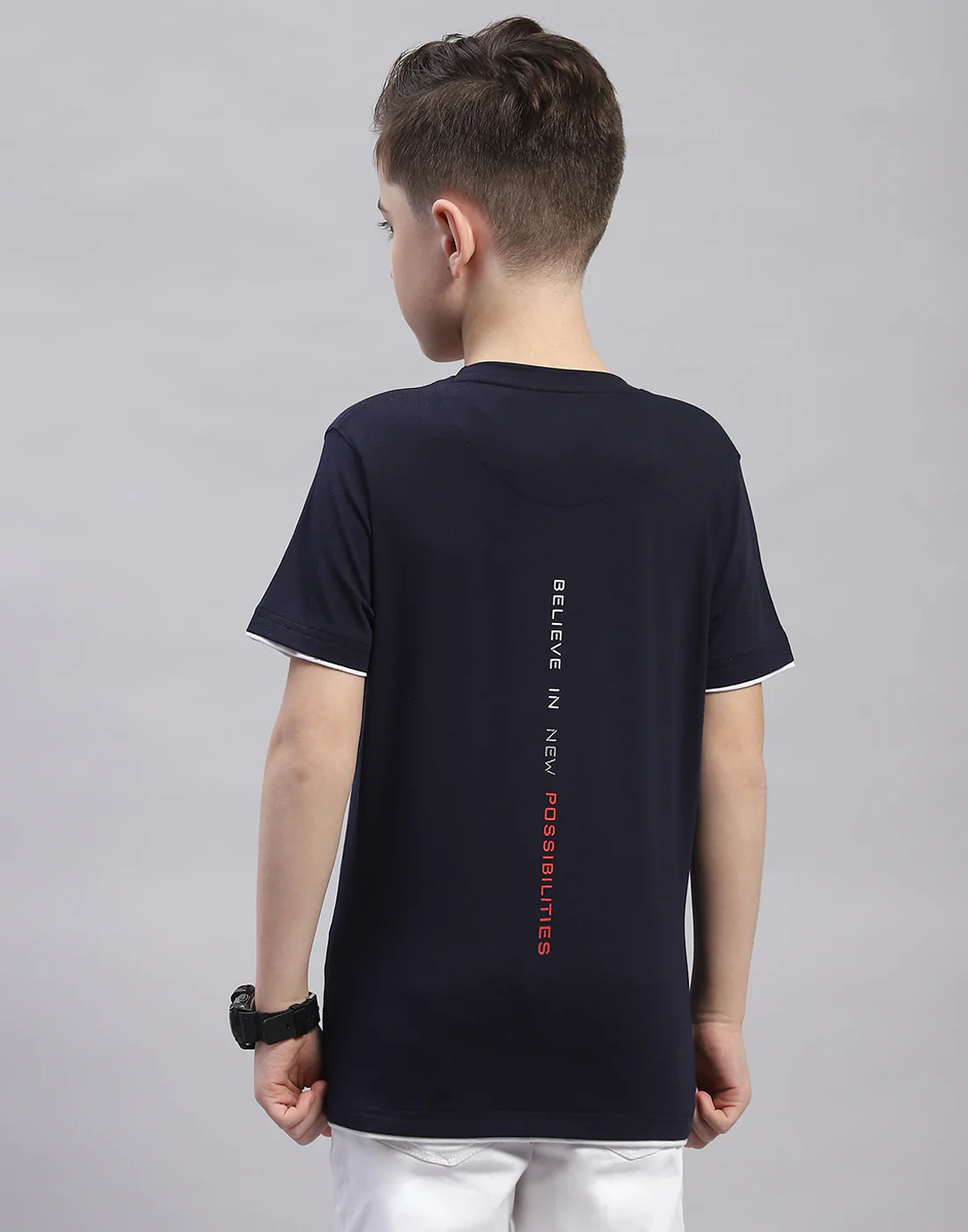 Boys Navy Blue Printed Round Neck Half Sleeve T-Shirt - Image 5