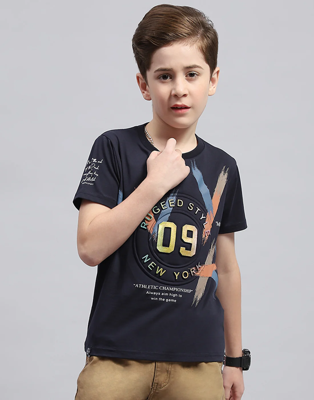 Boys Navy Blue Printed Round Neck Half Sleeve T-Shirt - Image 2