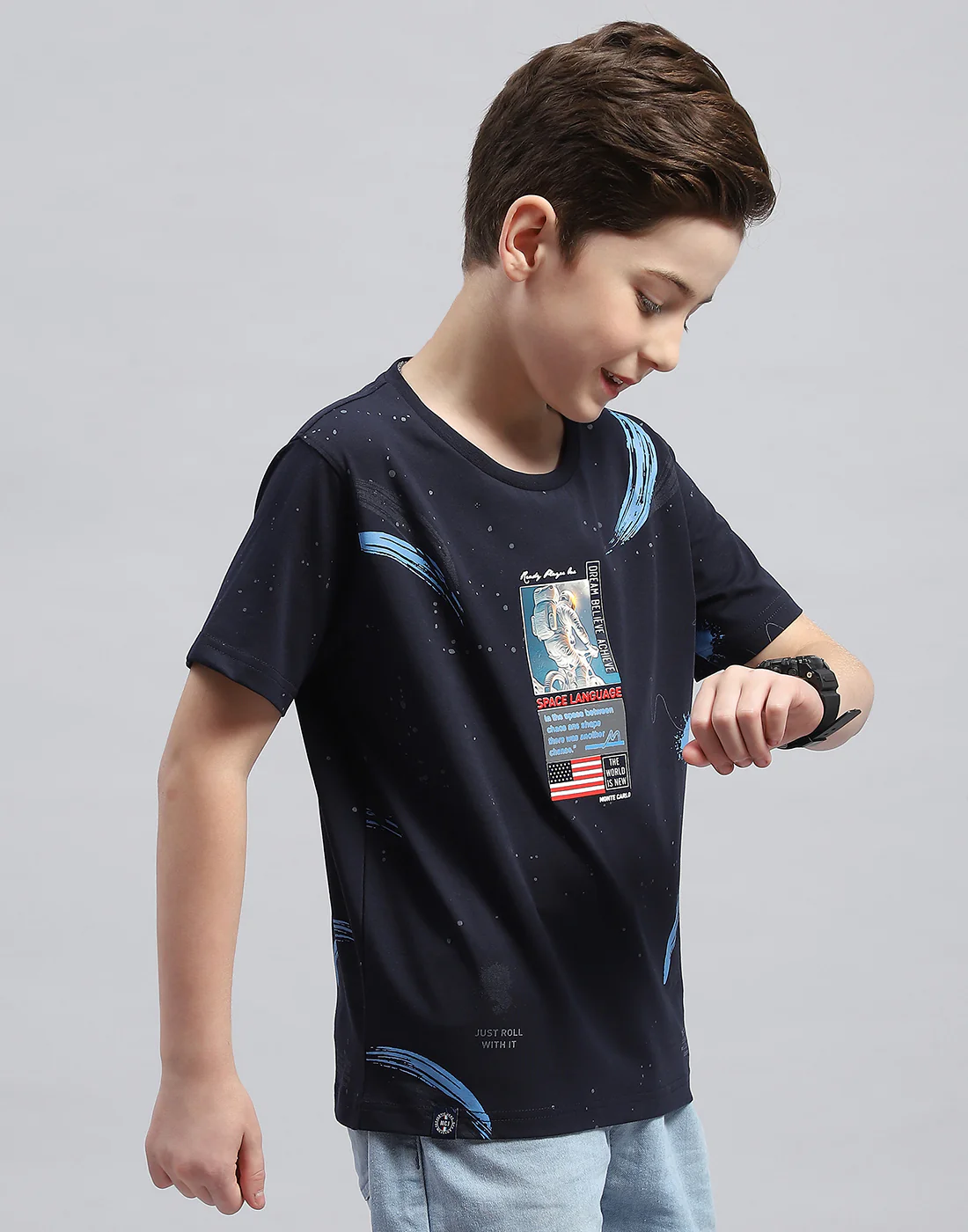 Boys Navy Blue Printed Round Neck Half Sleeve T-Shirt - Image 4