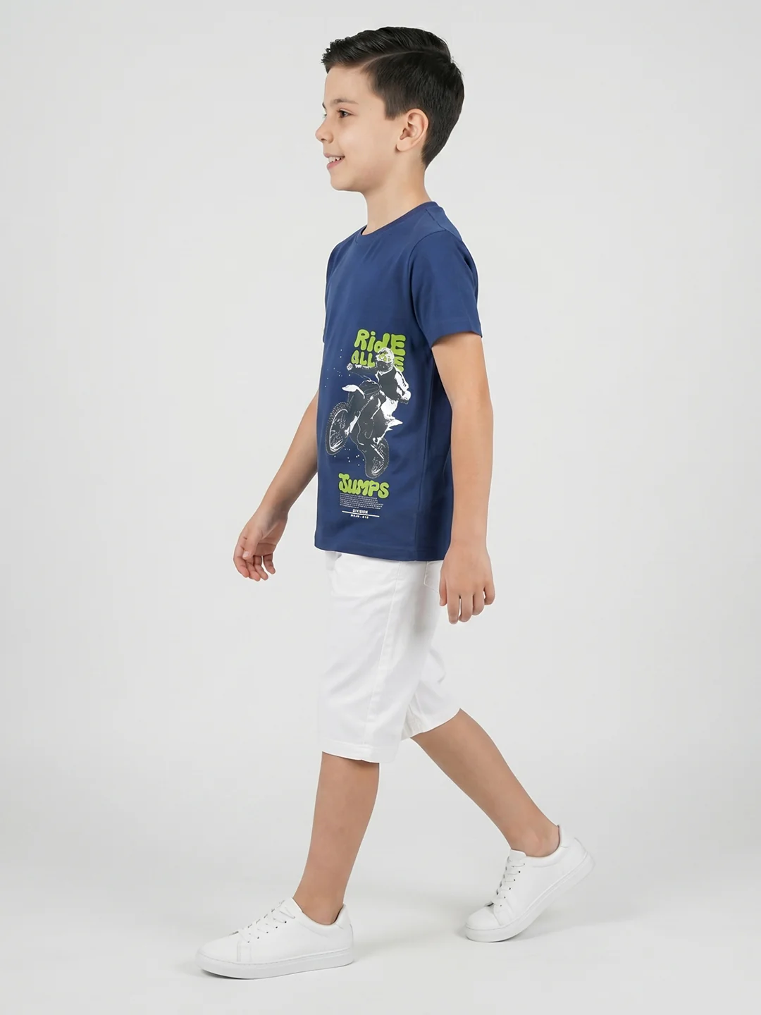 Boys Navy Blue Printed Round Neck Half Sleeve T-Shirt - Image 5