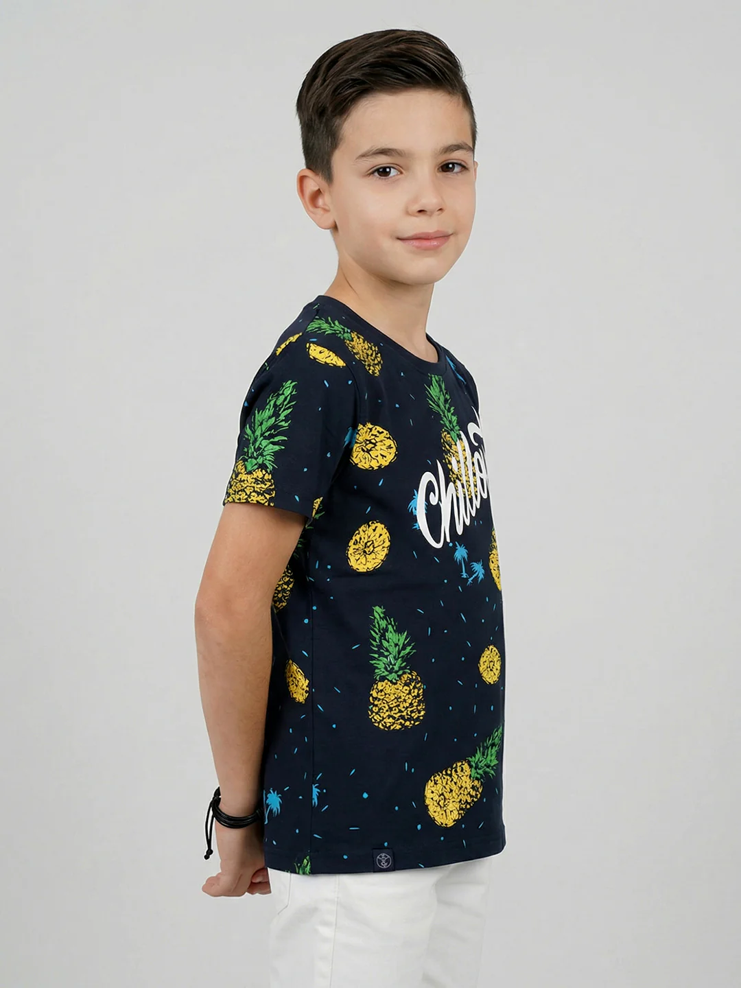 Boys Navy Blue Printed Round Neck Half Sleeve T-Shirt - Image 2
