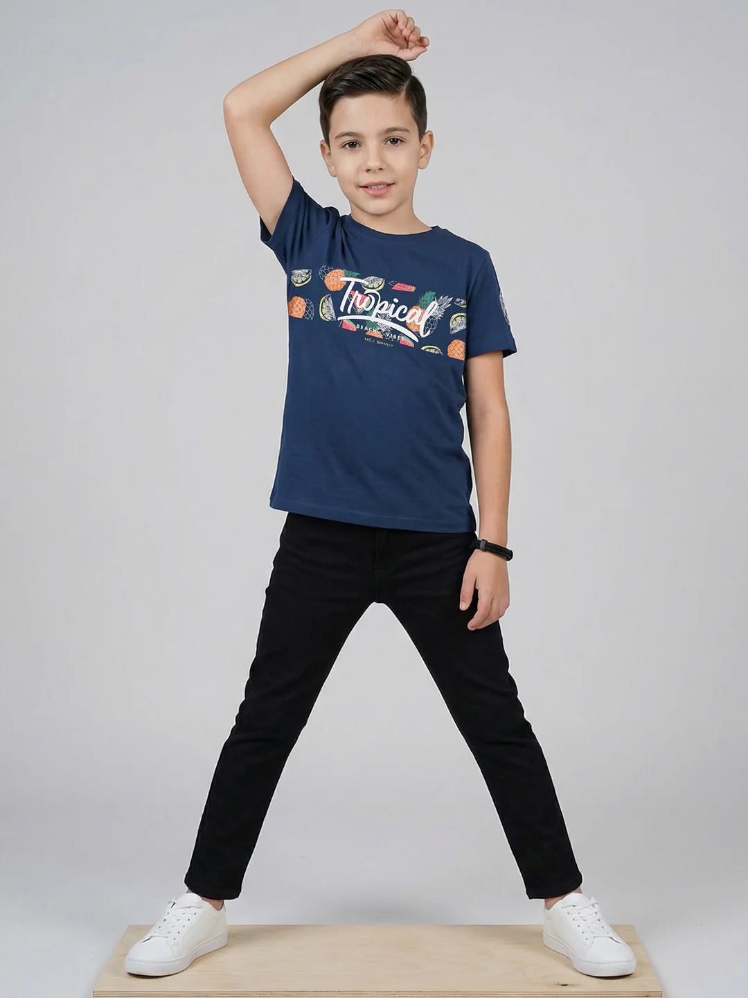 Boys Navy Blue Printed Round Neck Half Sleeve T-Shirt - Image 5