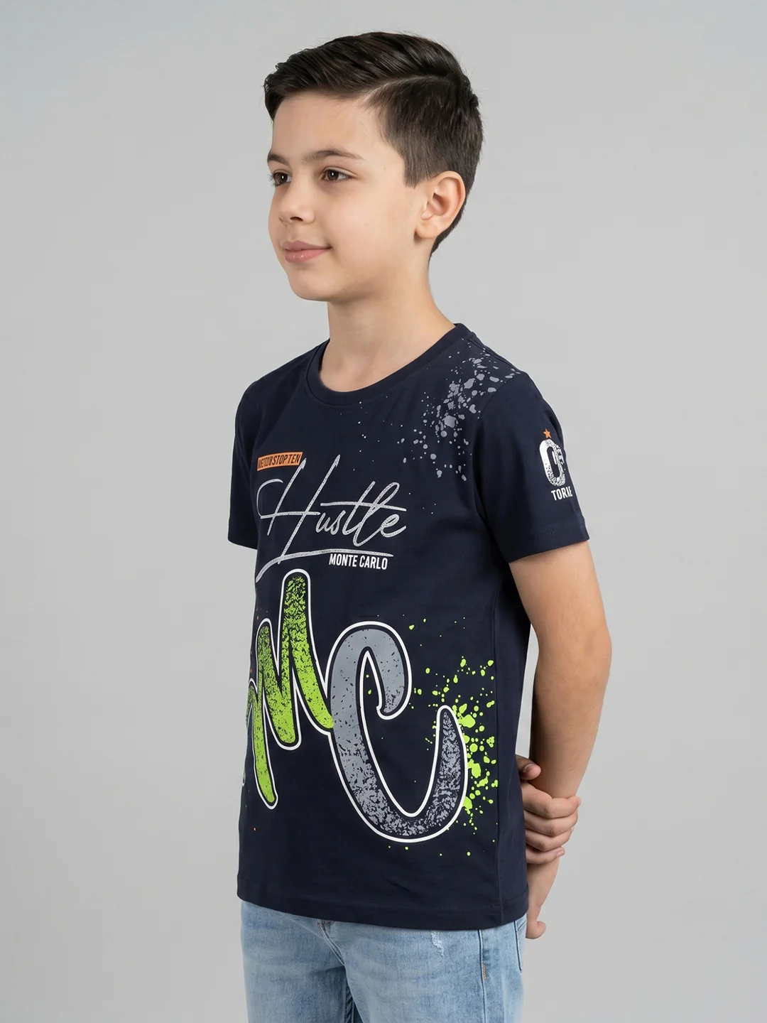 Boys Navy Blue Printed Round Neck Half Sleeve T-Shirt - Image 3