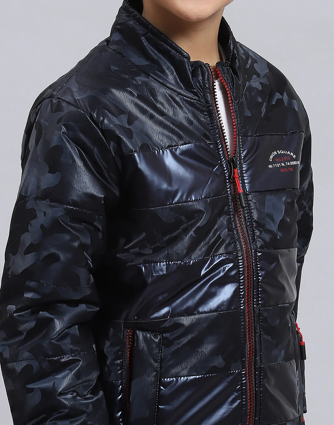 Boys Navy Blue Printed Stand Collar Full Sleeve Boys Jacket - Image 7