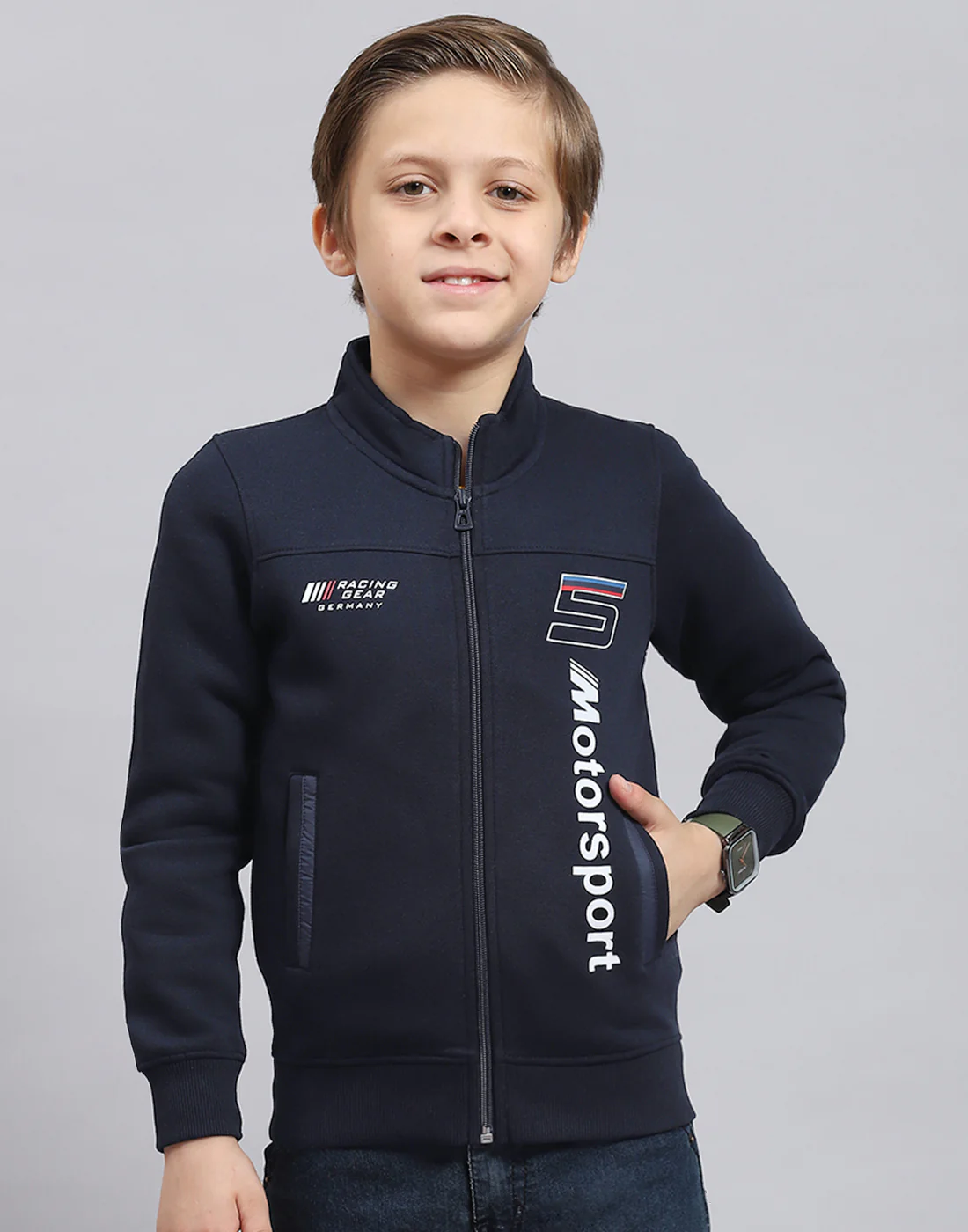 Boys Navy Blue Printed Stand Collar Full Sleeve Sweatshirt - Image 2