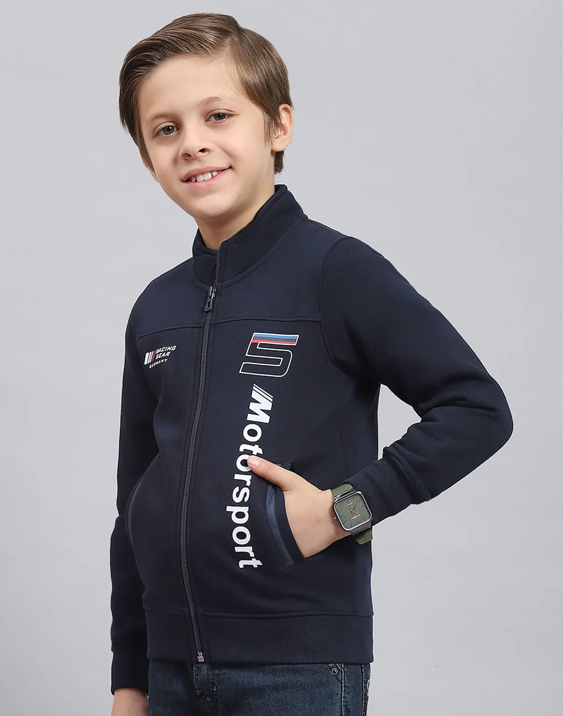 Boys Navy Blue Printed Stand Collar Full Sleeve Sweatshirt - Image 3