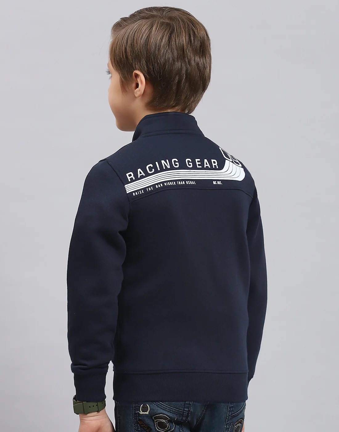 Boys Navy Blue Printed Stand Collar Full Sleeve Sweatshirt - Image 6