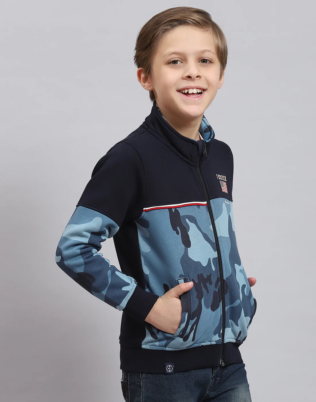 Boys Navy Blue Printed Stand Collar Full Sleeve Sweatshirt - Image 4
