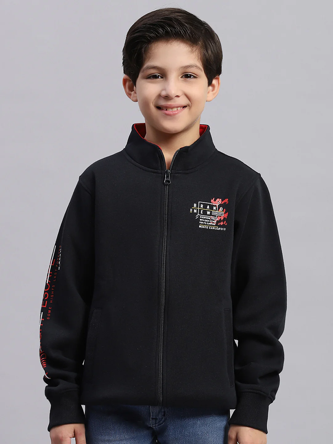 Boys Navy Blue Printed Stand Collar Full Sleeve Sweatshirt - Image 3