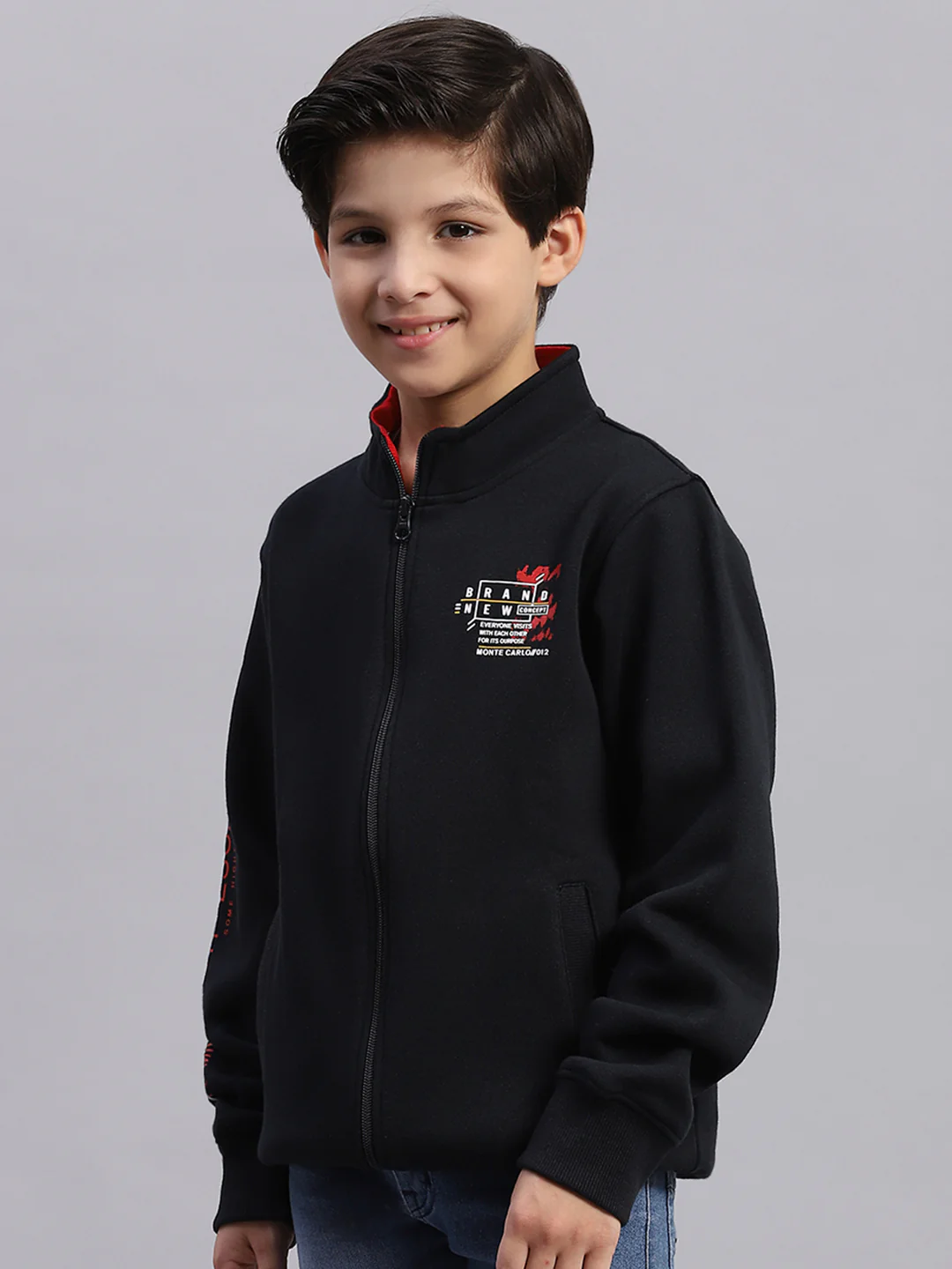 Boys Navy Blue Printed Stand Collar Full Sleeve Sweatshirt - Image 4