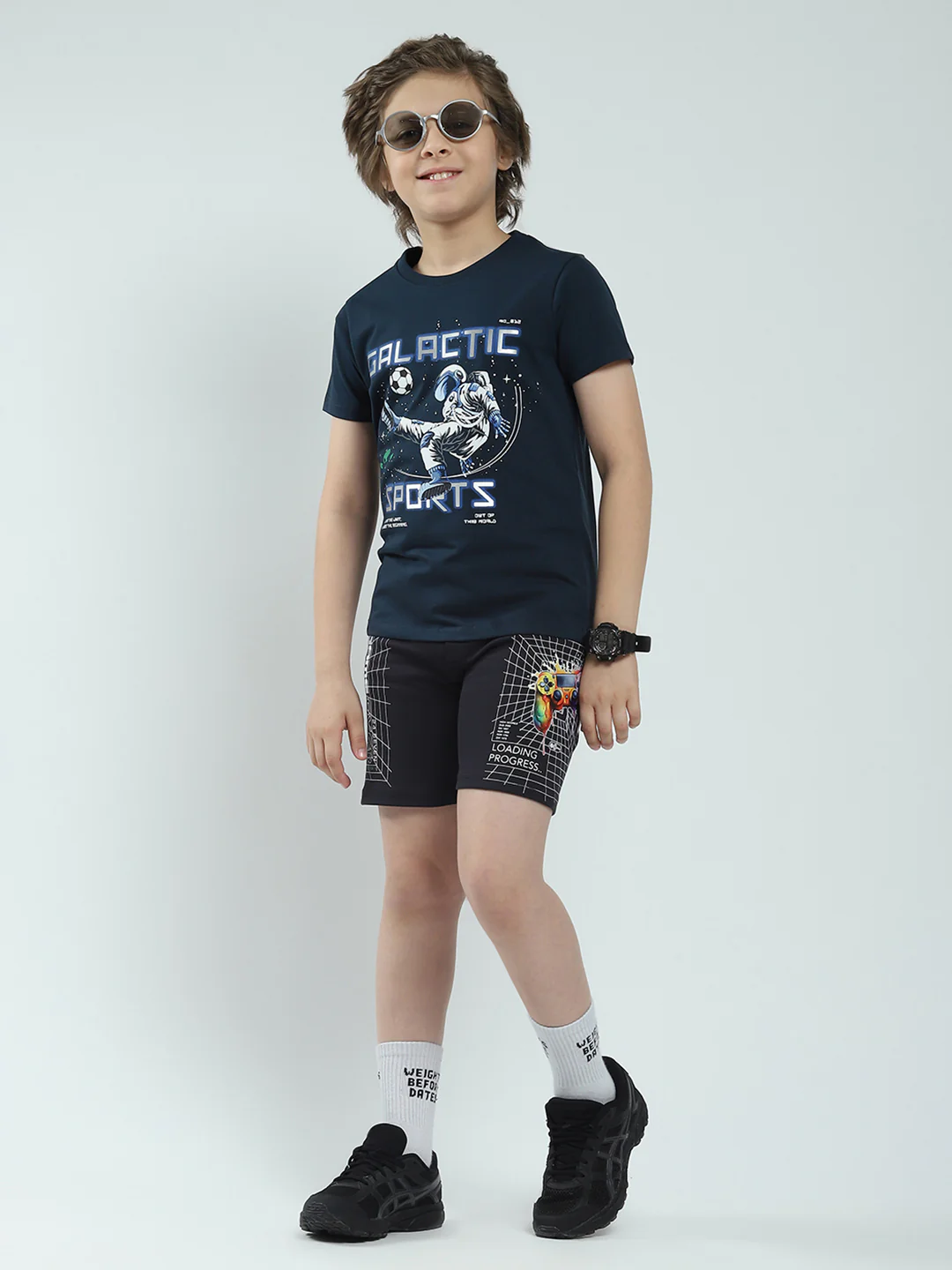 Boys Navy Blue Printed Round Neck Half Sleeve T-Shirt - Image 2