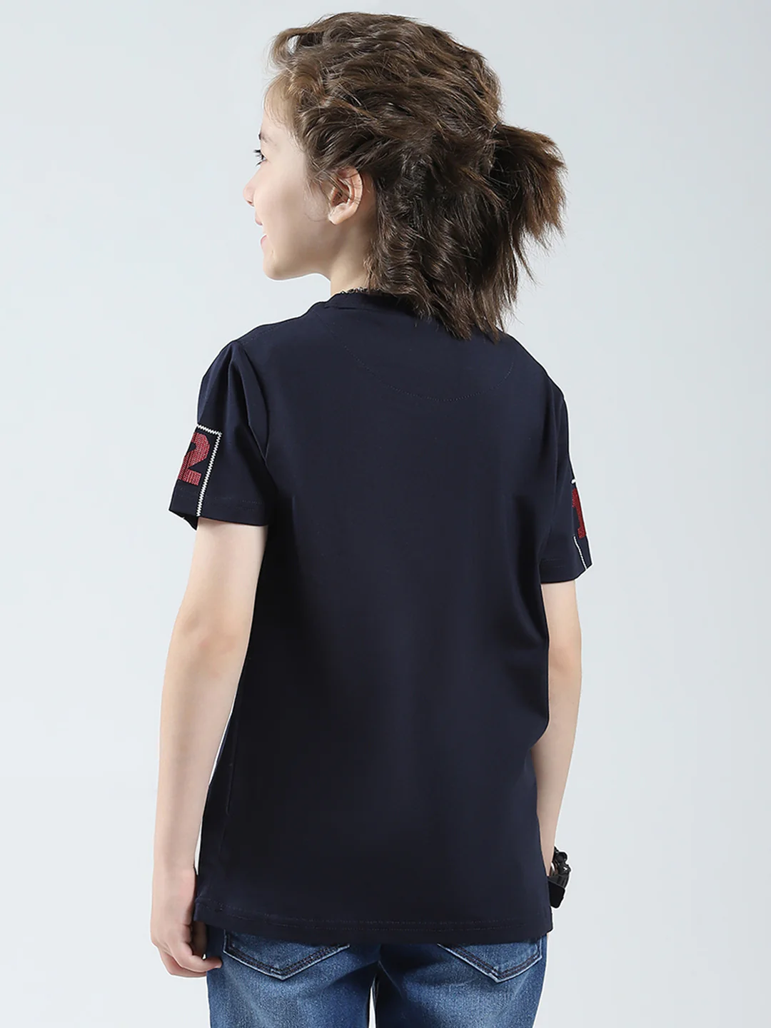 Boys Navy Blue Printed Round Neck Half Sleeve T-Shirt - Image 5