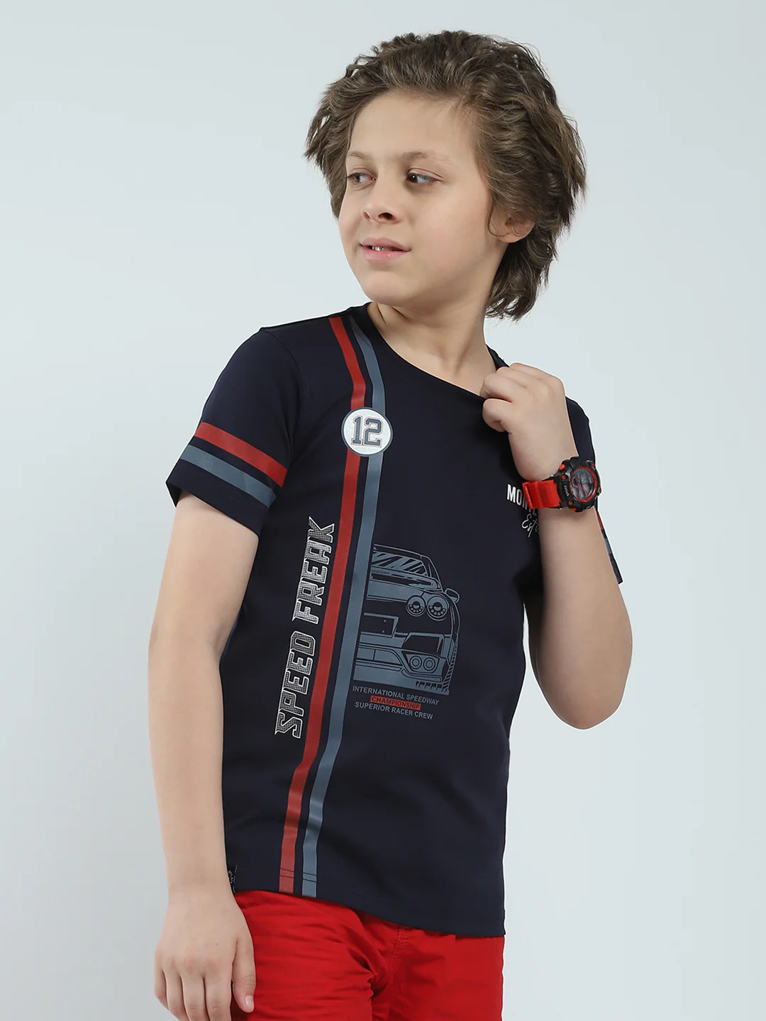 Boys Navy Blue Printed Round Neck Half Sleeve T-Shirt - Image 4