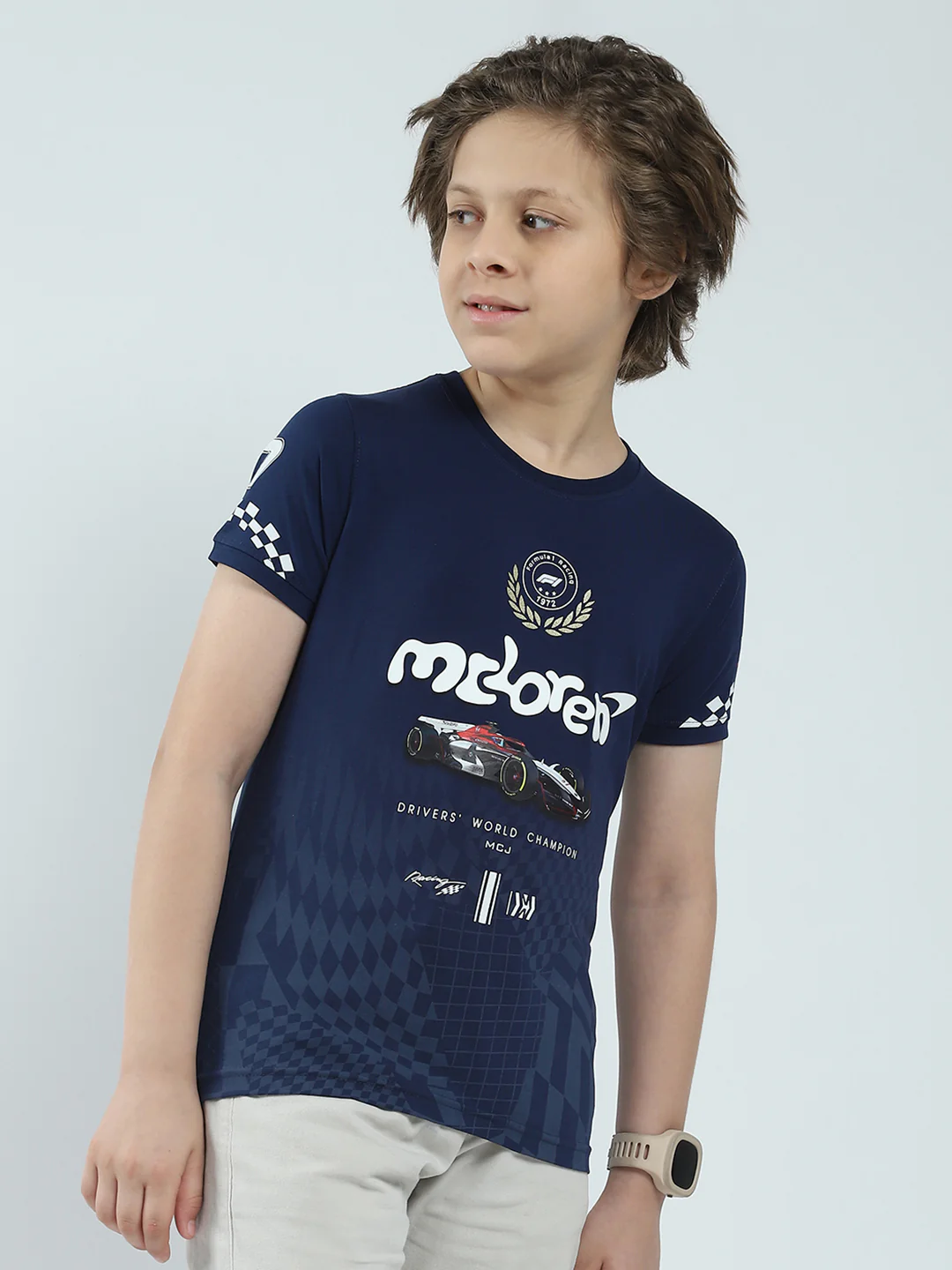 Boys Navy Blue Printed Round Neck Half Sleeve T-Shirt - Image 4