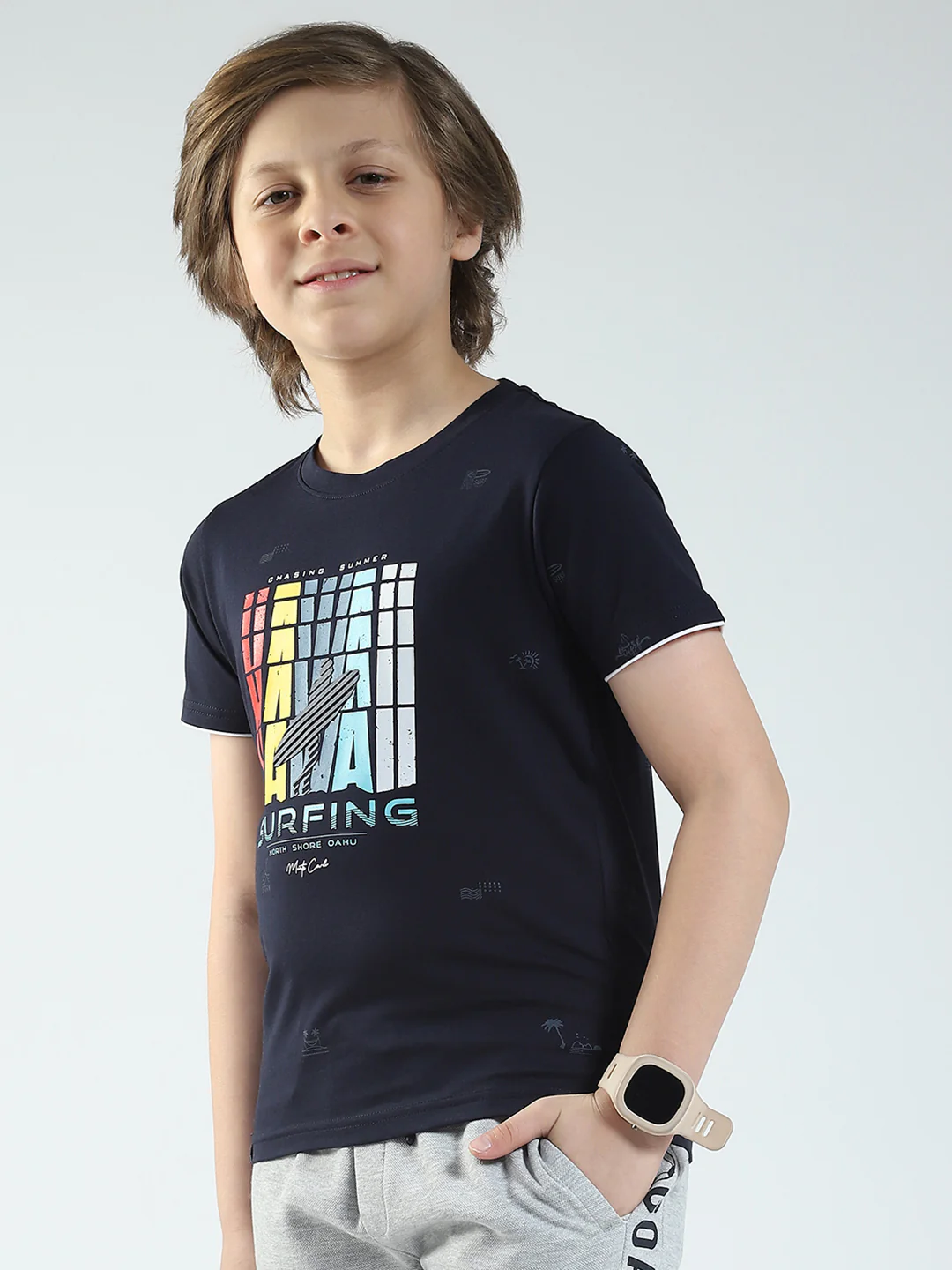 Boys Navy Blue Printed Round Neck Half Sleeve T-Shirt - Image 3