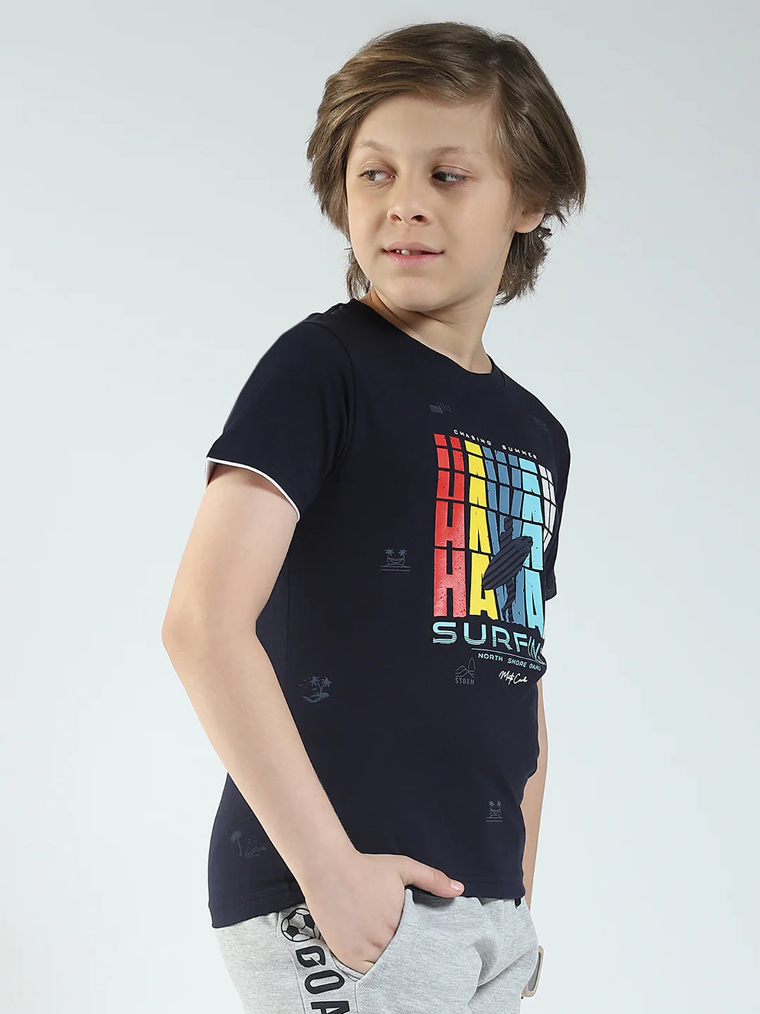 Boys Navy Blue Printed Round Neck Half Sleeve T-Shirt - Image 4