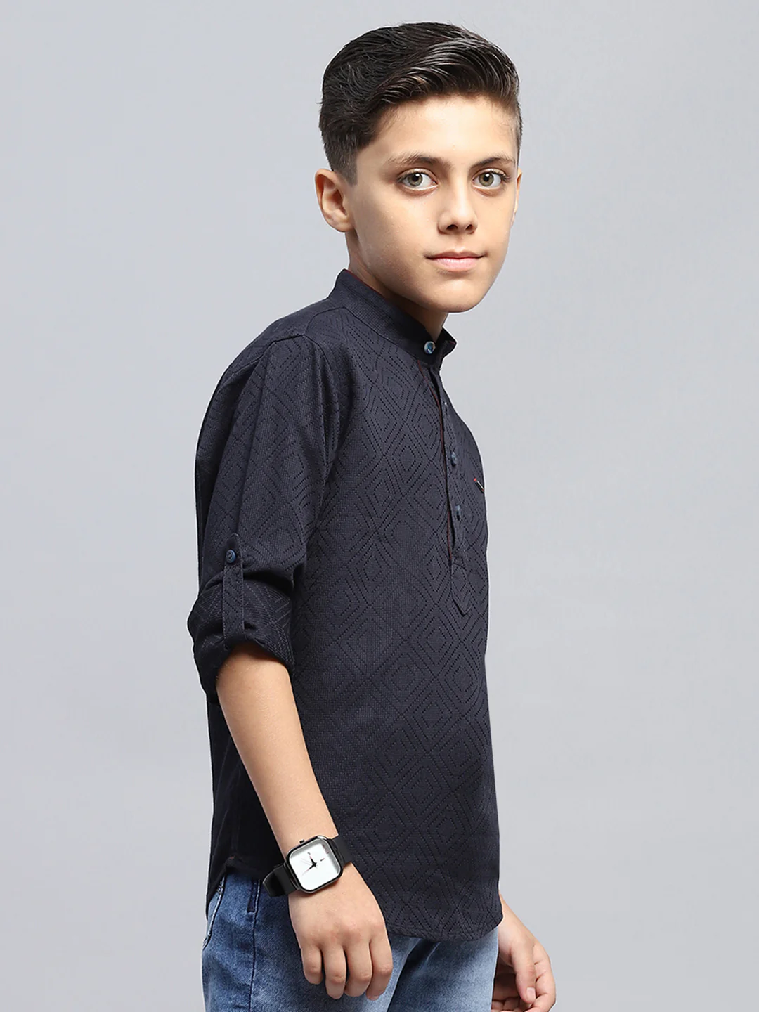 Boys Navy Blue Self Design Band Collar Full Sleeve Shirt - Image 4