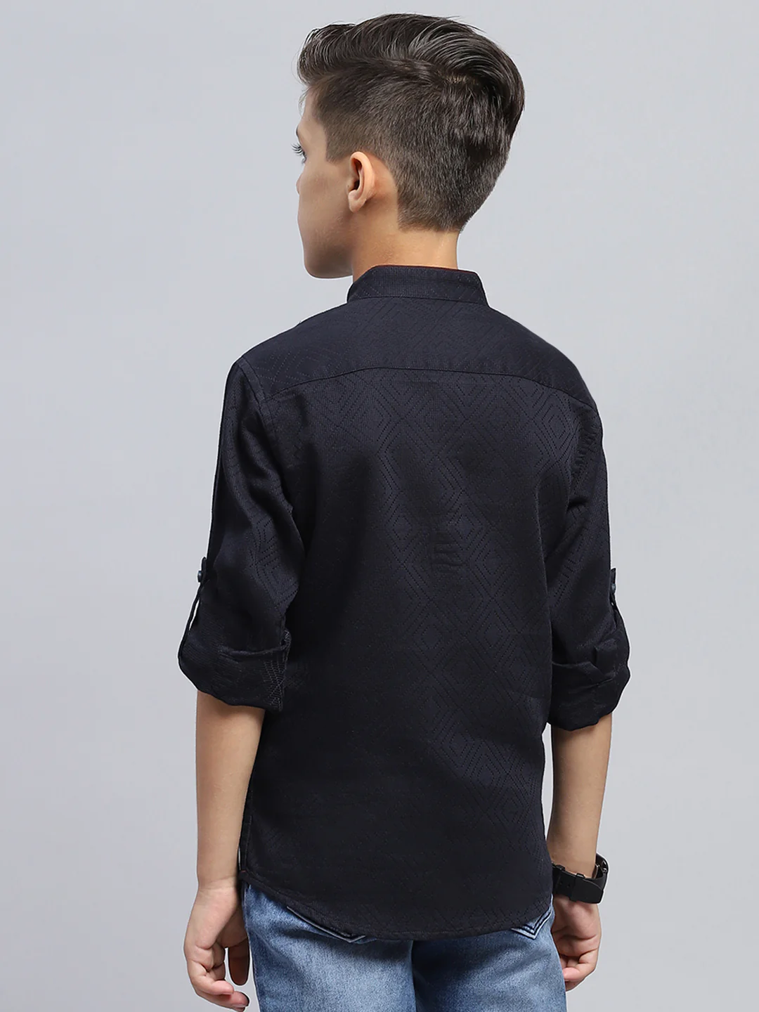 Boys Navy Blue Self Design Band Collar Full Sleeve Shirt - Image 5