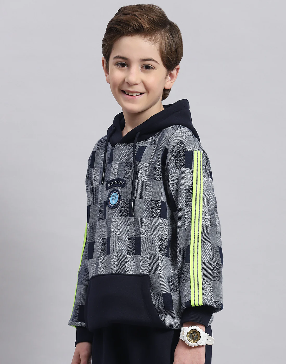 Boys Navy Blue Self Design Hooded Full Sleeve Sweatshirt - Image 3