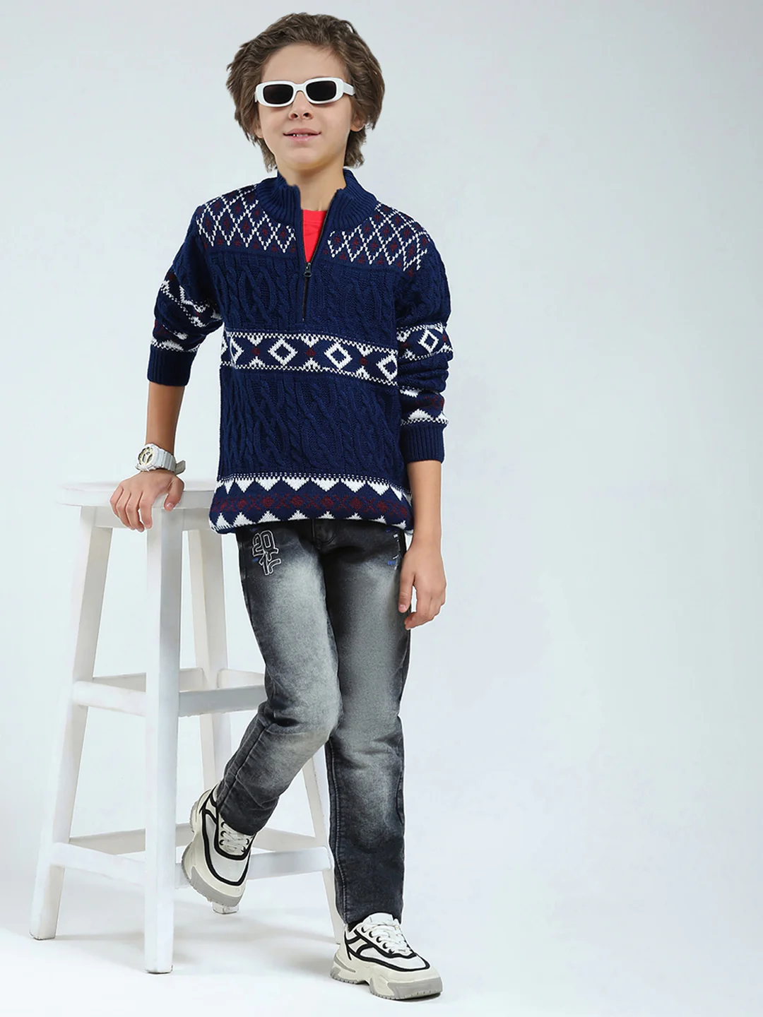 Boys Navy Blue Self Design Mock Neck Full Sleeve Pullover - Image 2