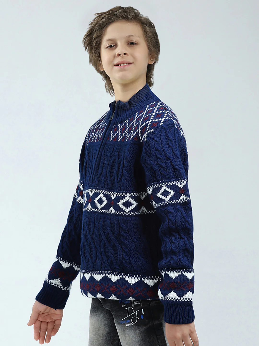Boys Navy Blue Self Design Mock Neck Full Sleeve Pullover - Image 3