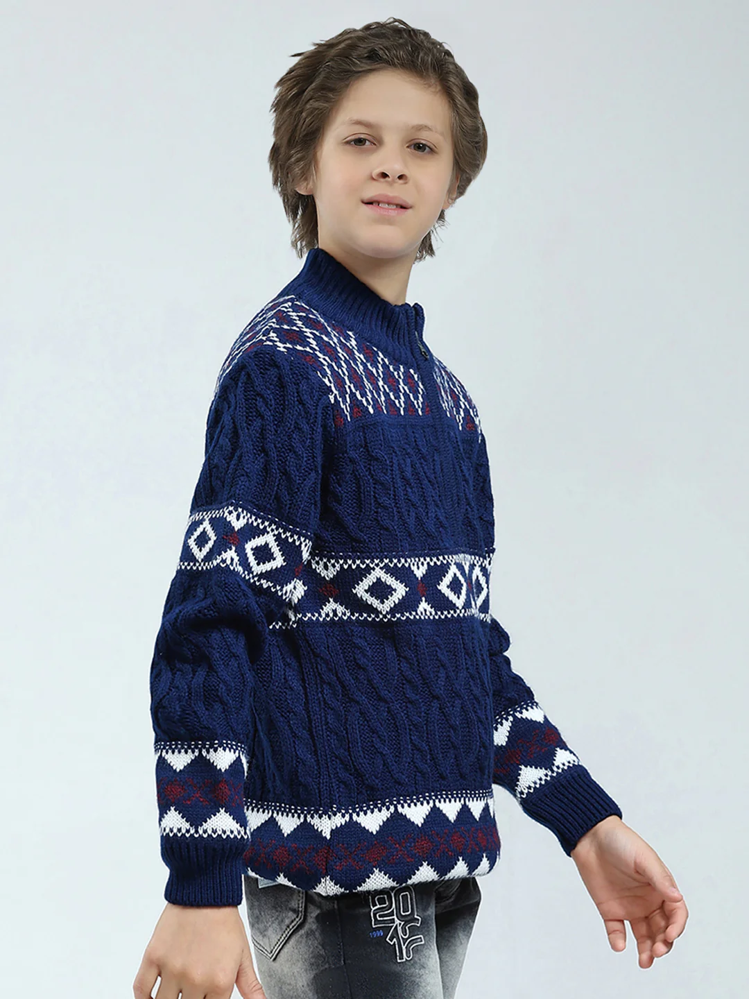 Boys Navy Blue Self Design Mock Neck Full Sleeve Pullover - Image 4