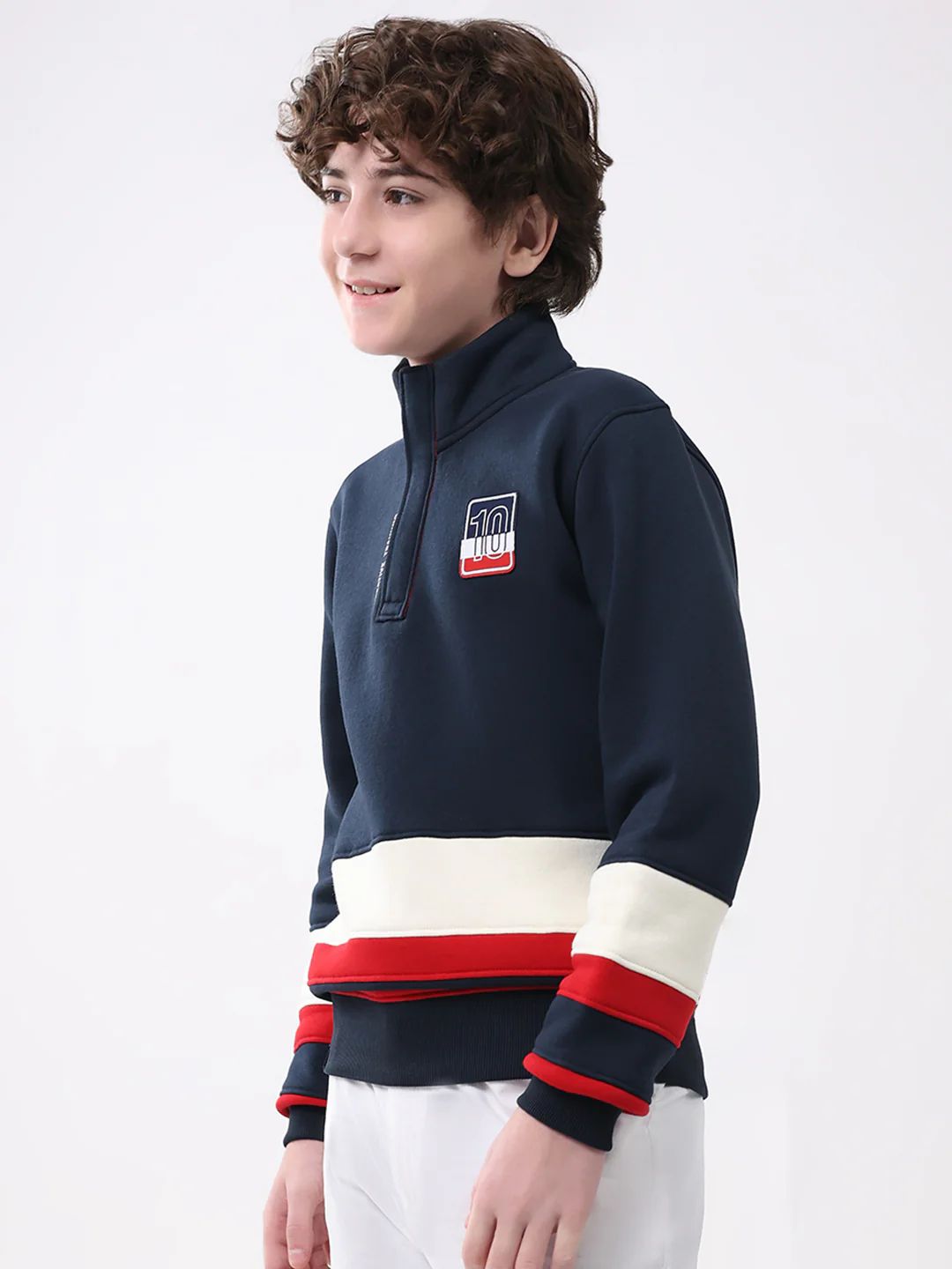 Boys Navy Blue Self Design Mock Neck Full Sleeve Sweatshirt - Image 3