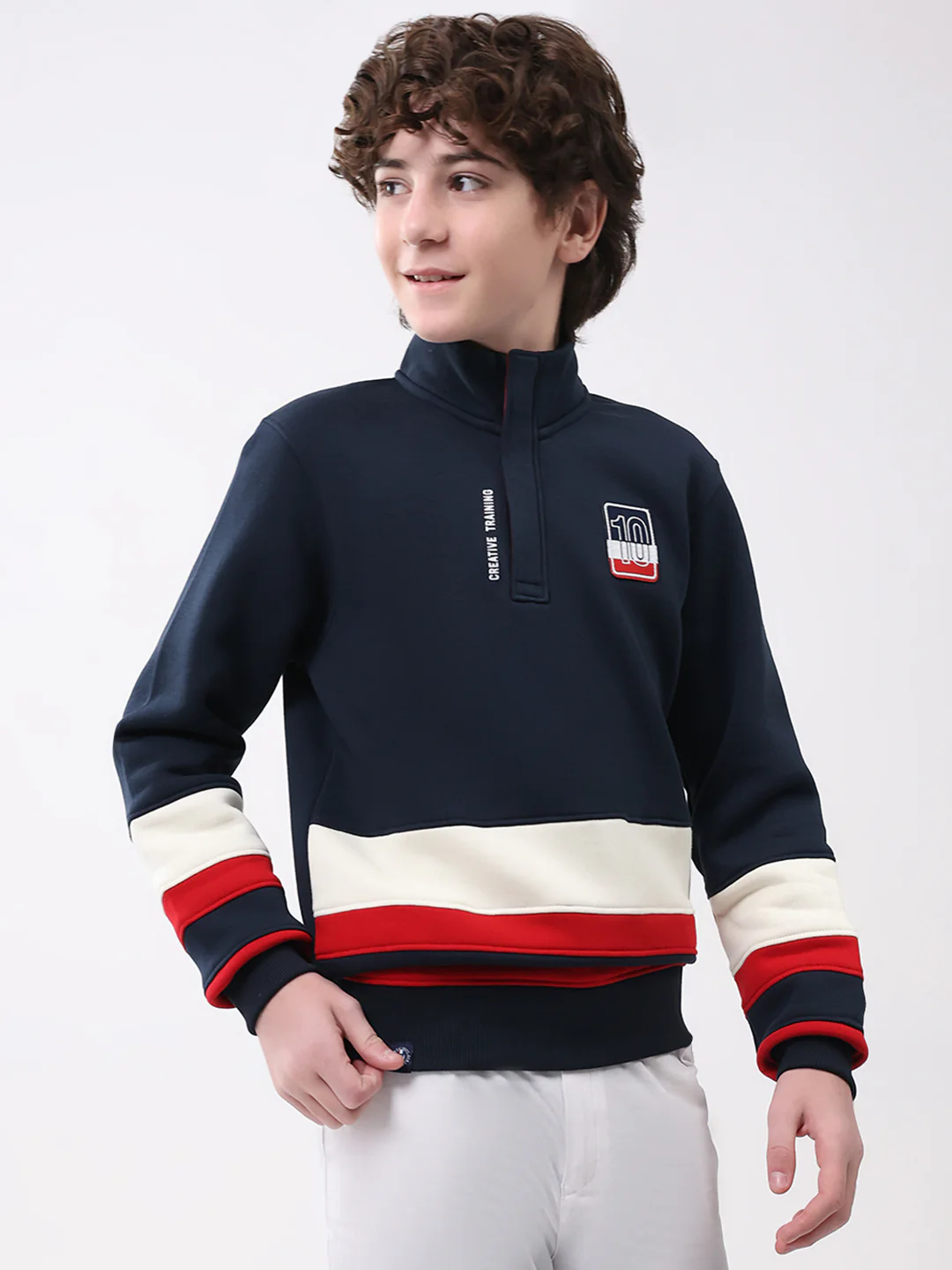 Boys Navy Blue Self Design Mock Neck Full Sleeve Sweatshirt - Image 4
