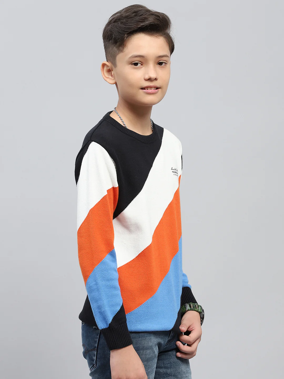 Boys Navy Blue Self Design Round Neck Full Sleeve Pullover - Image 4