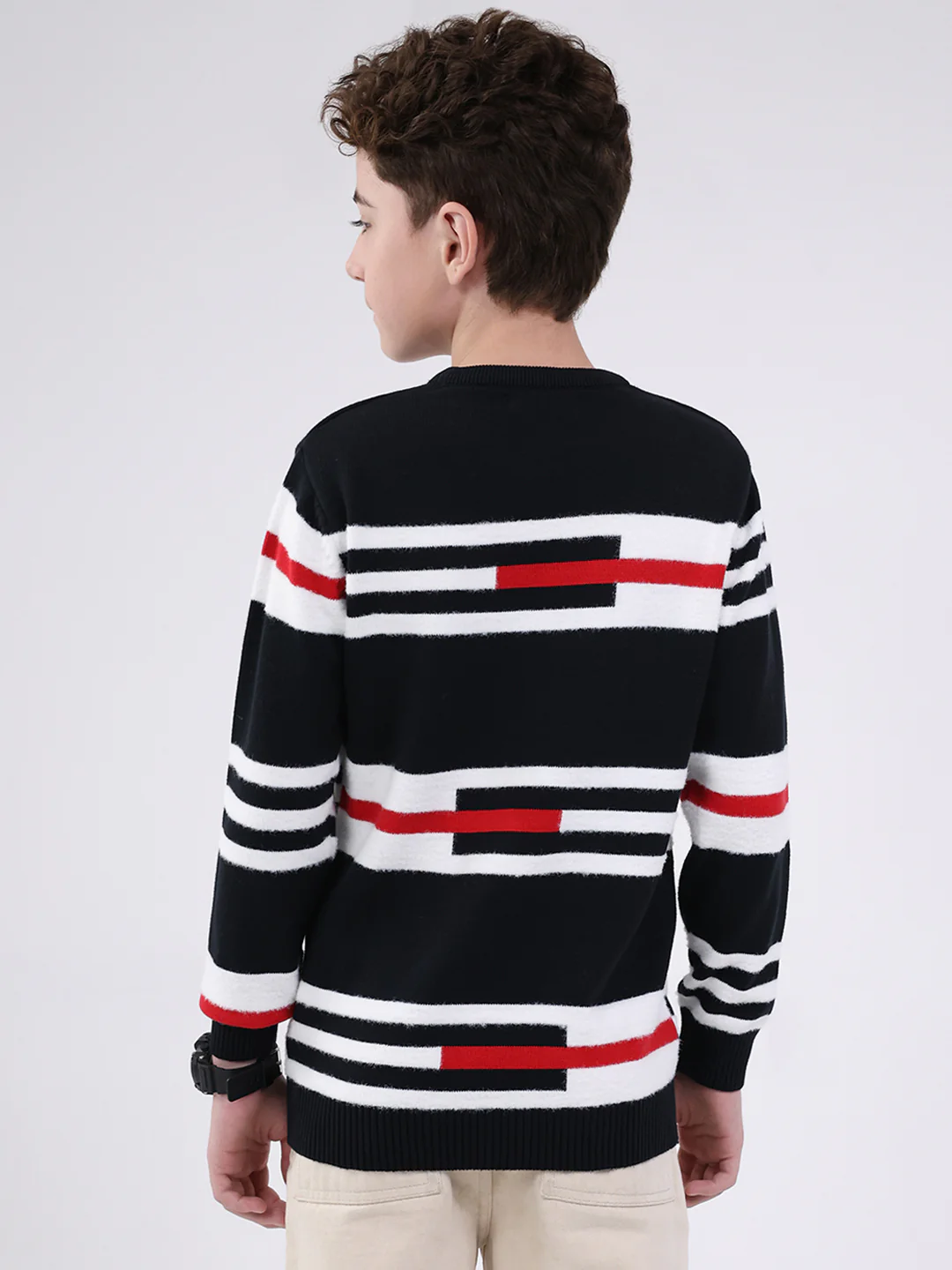 Boys Navy Blue Self Design Round Neck Full Sleeve Pullover - Image 5