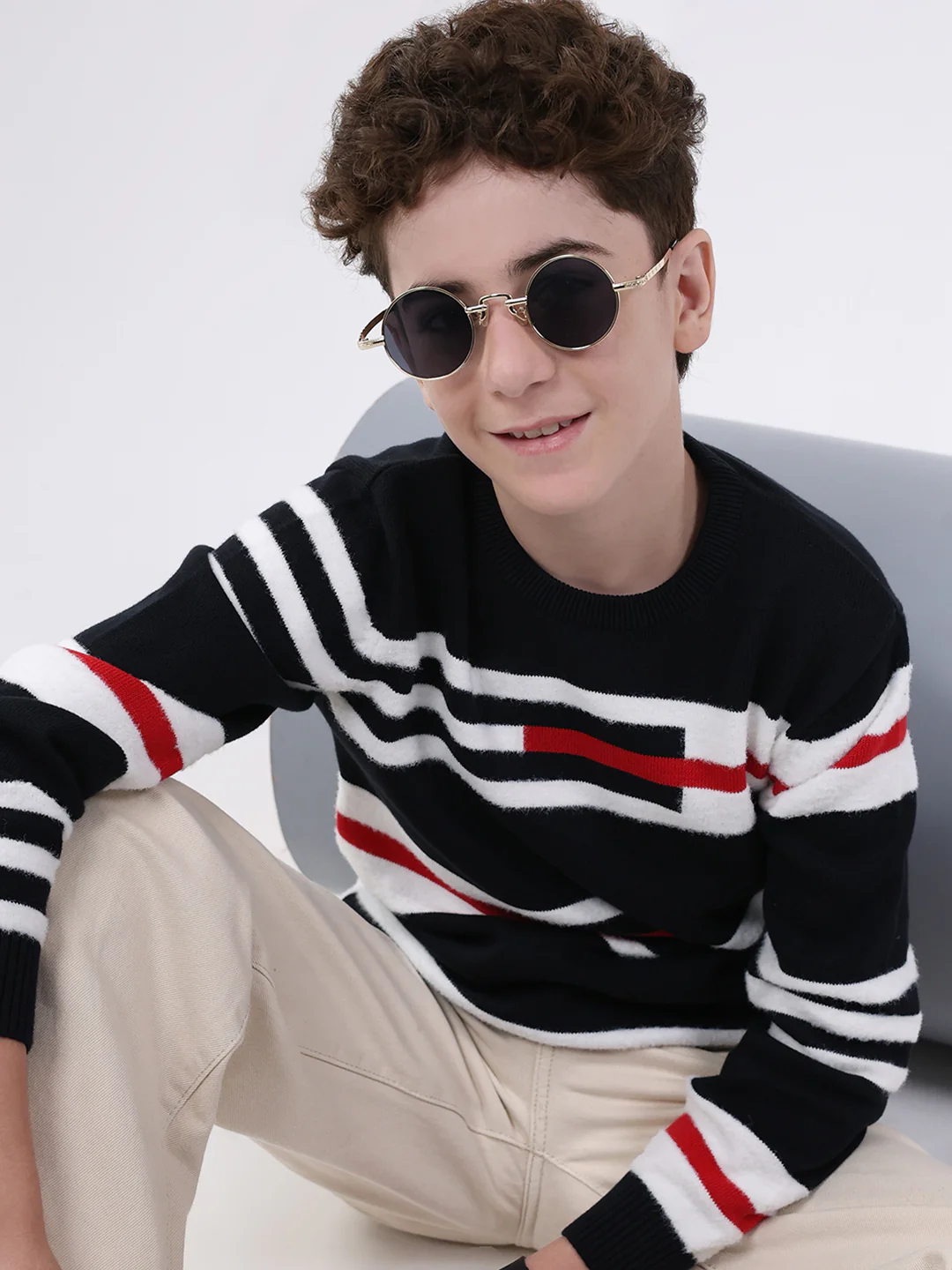 Boys Navy Blue Self Design Round Neck Full Sleeve Pullover - Image 6