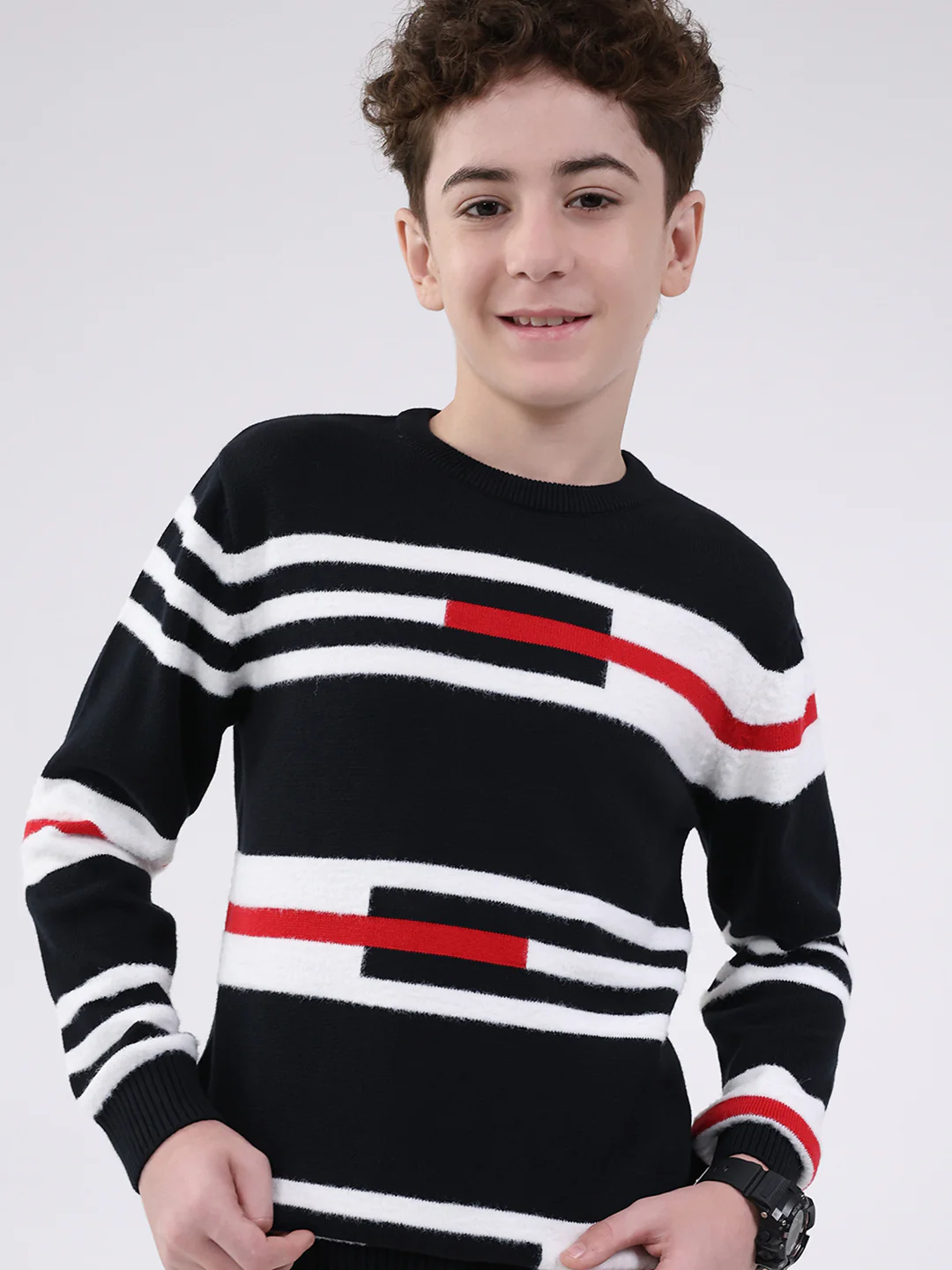 Boys Navy Blue Self Design Round Neck Full Sleeve Pullover - Image 7