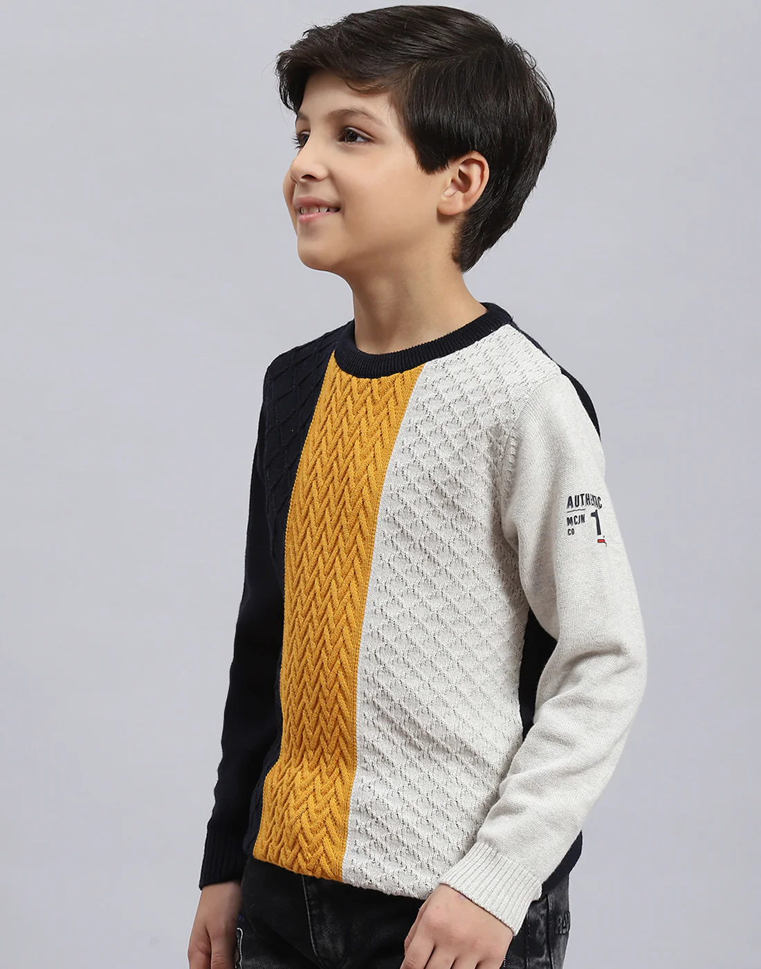 Boys Navy Blue Self Design Round Neck Full Sleeve Sweater - Image 4