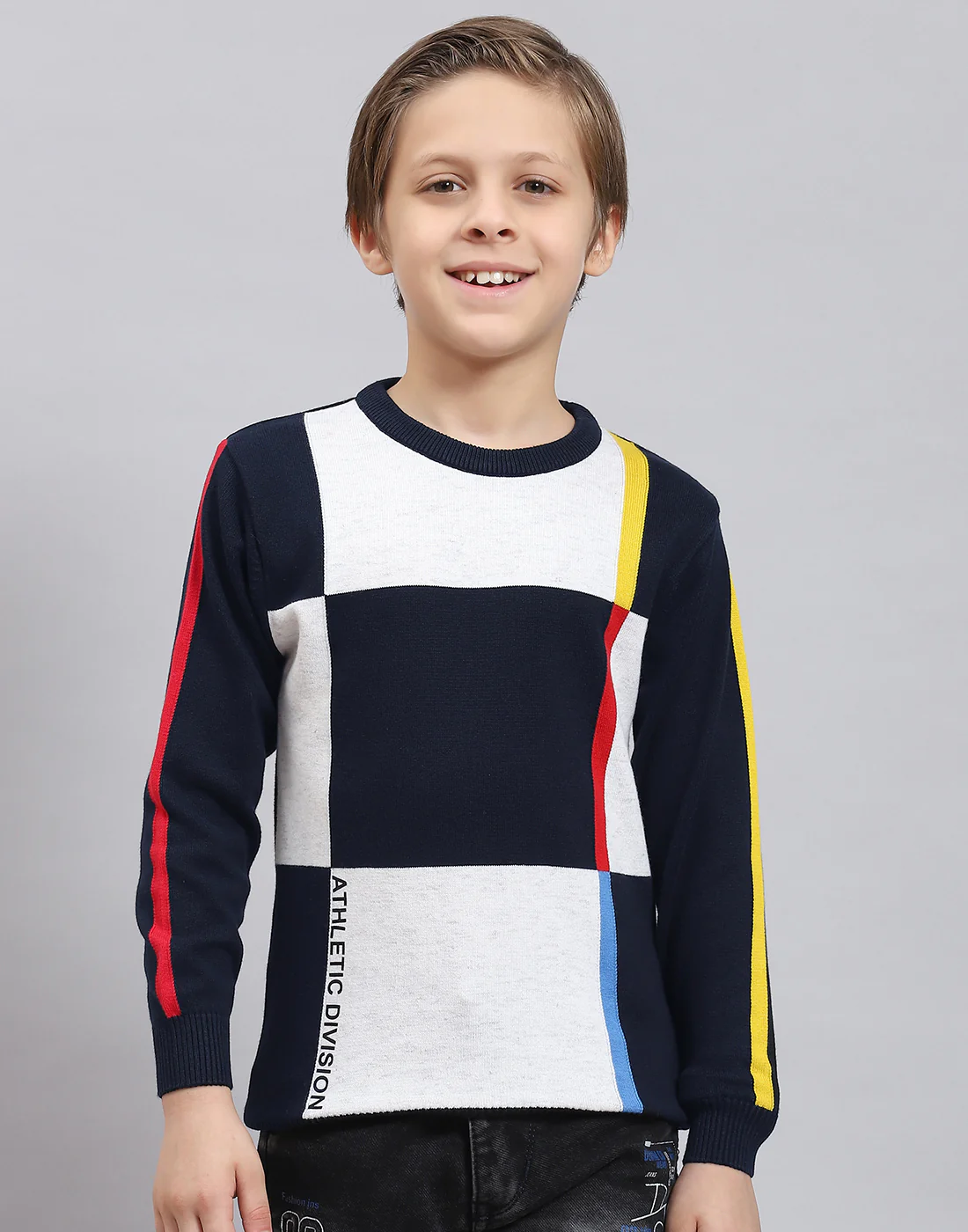Boys Navy Blue Self Design Round Neck Full Sleeve Sweater - Image 2