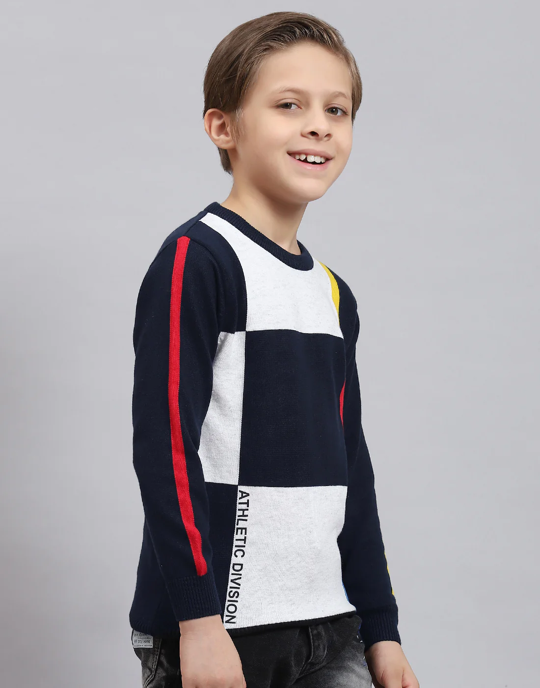Boys Navy Blue Self Design Round Neck Full Sleeve Sweater - Image 4
