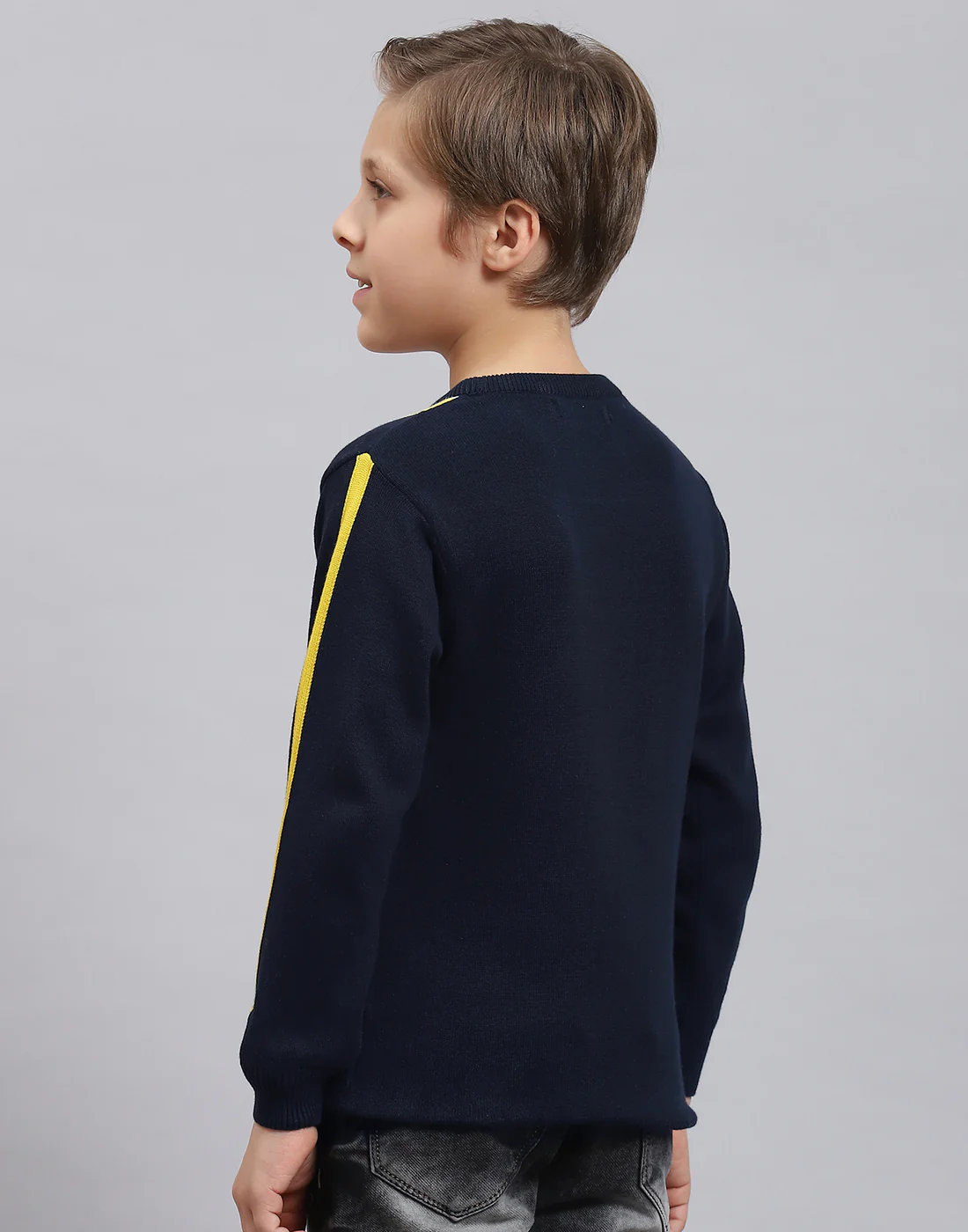 Boys Navy Blue Self Design Round Neck Full Sleeve Sweater - Image 6
