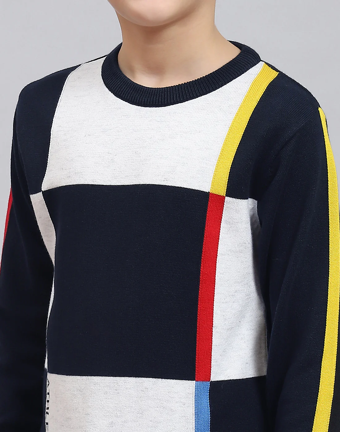 Boys Navy Blue Self Design Round Neck Full Sleeve Sweater - Image 7