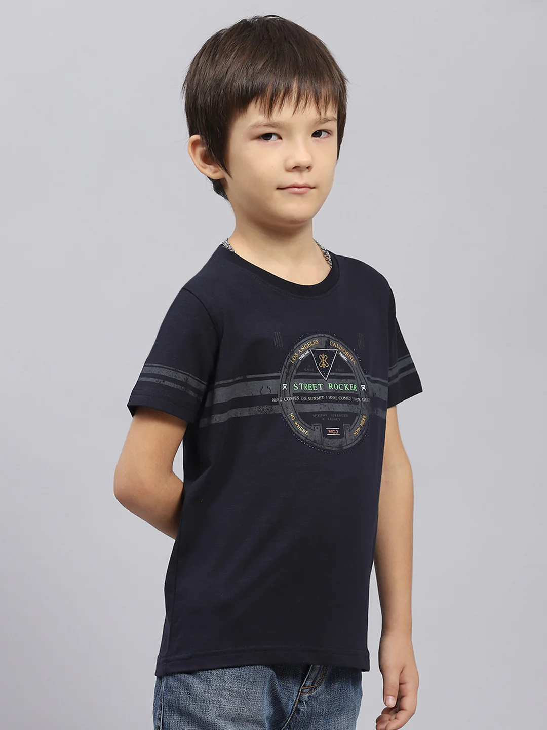 Boys Navy Blue Self Design Round Neck Half Sleeve T-Shirt - Image 4