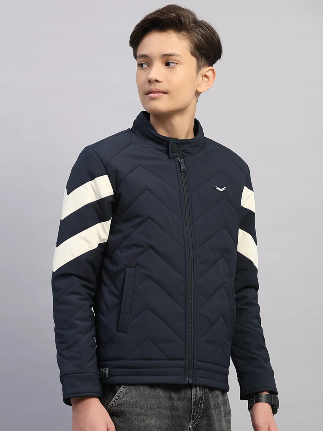 Boys Navy Blue Solid Collar Full Sleeve Jacket - Image 4