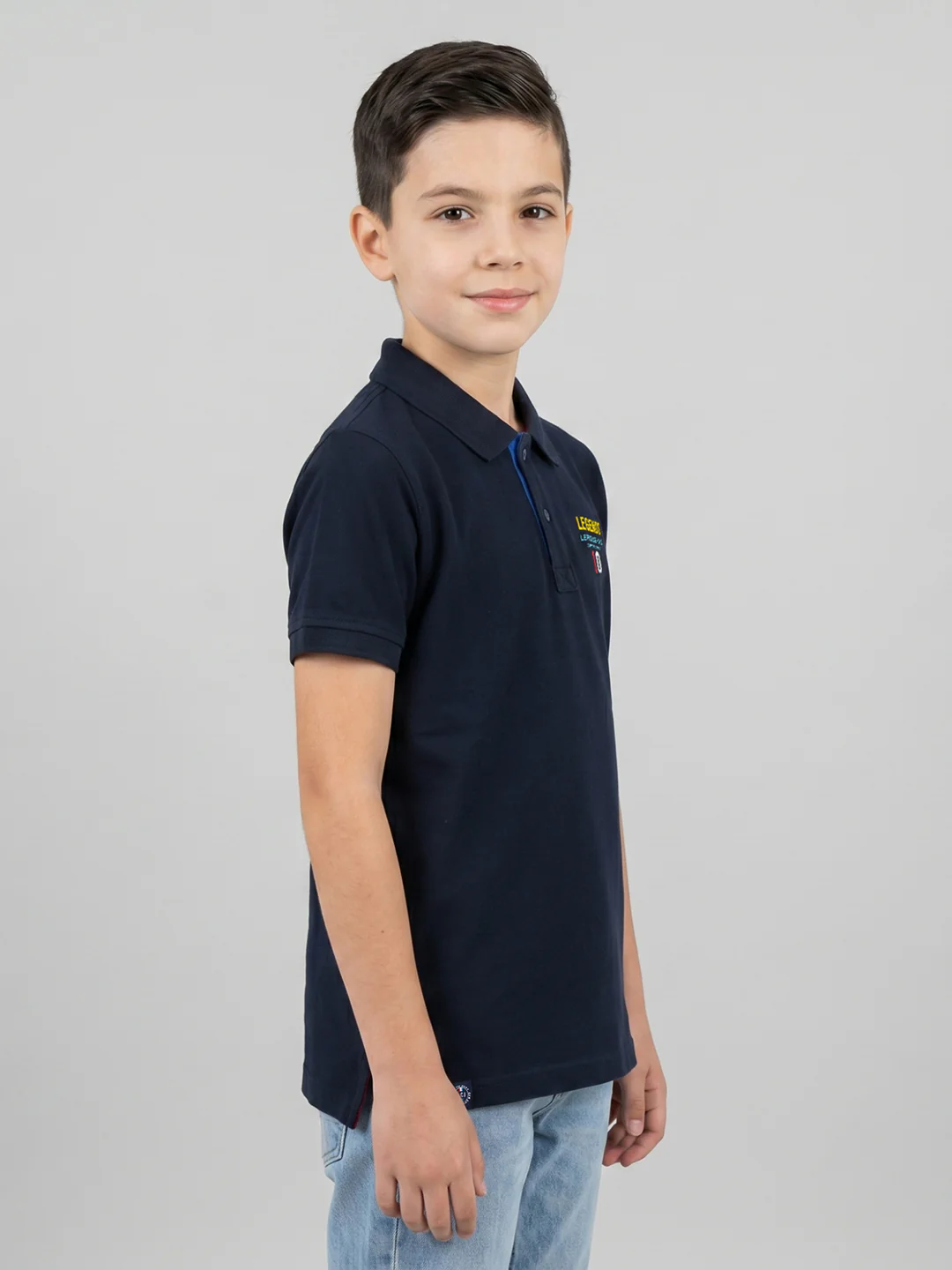 Boys Navy Blue Solid Collar Half Sleeve T-Shirt - Image 3