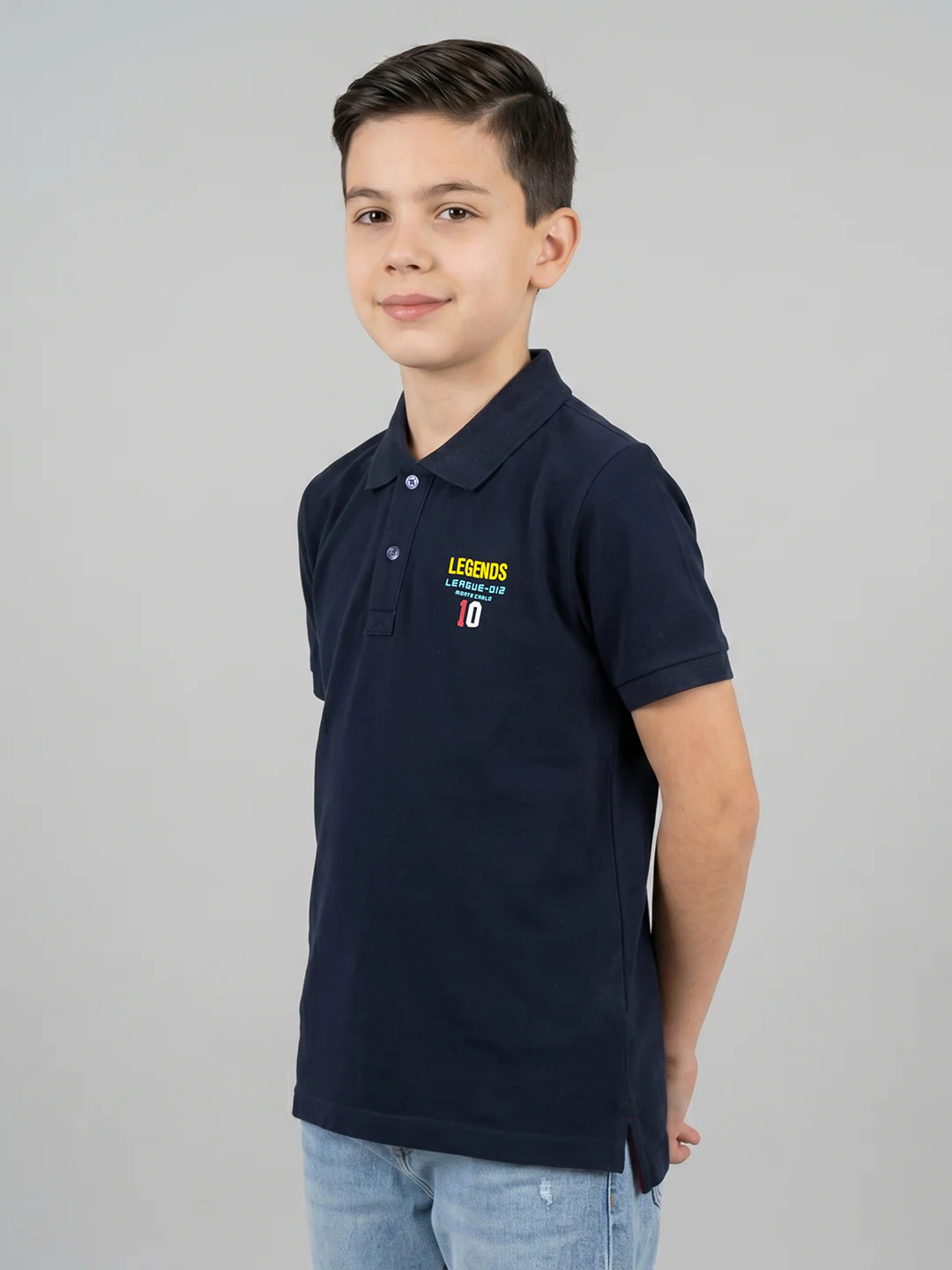 Boys Navy Blue Solid Collar Half Sleeve T-Shirt - Image 4