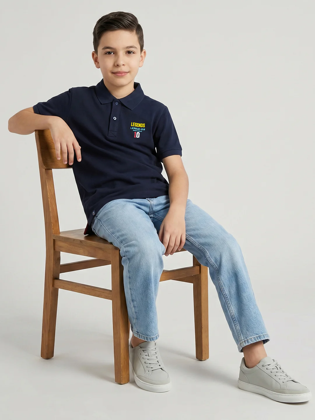 Boys Navy Blue Solid Collar Half Sleeve T-Shirt - Image 5