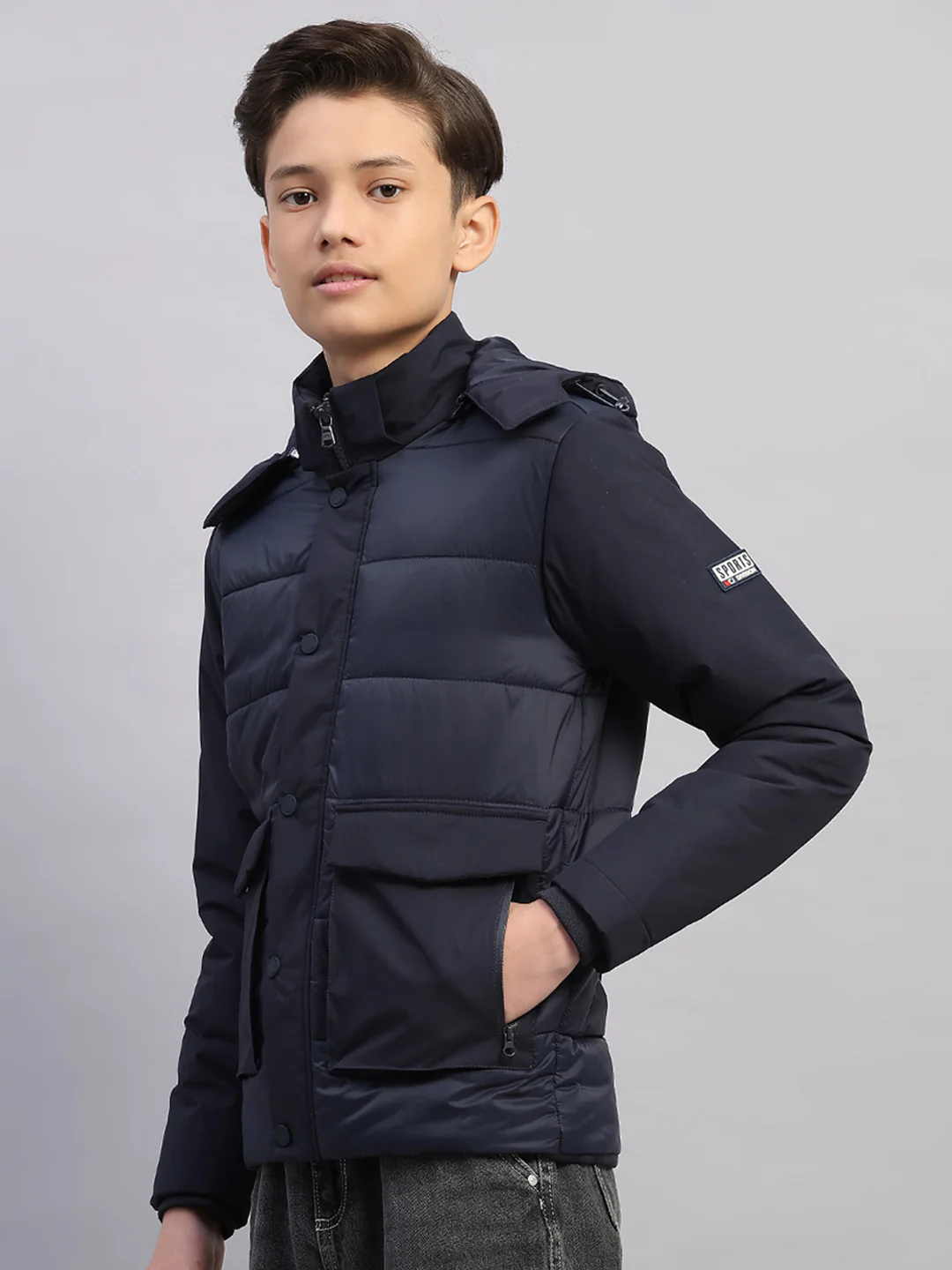Boys Navy Blue Solid Hooded Full Sleeve Jacket - Image 3