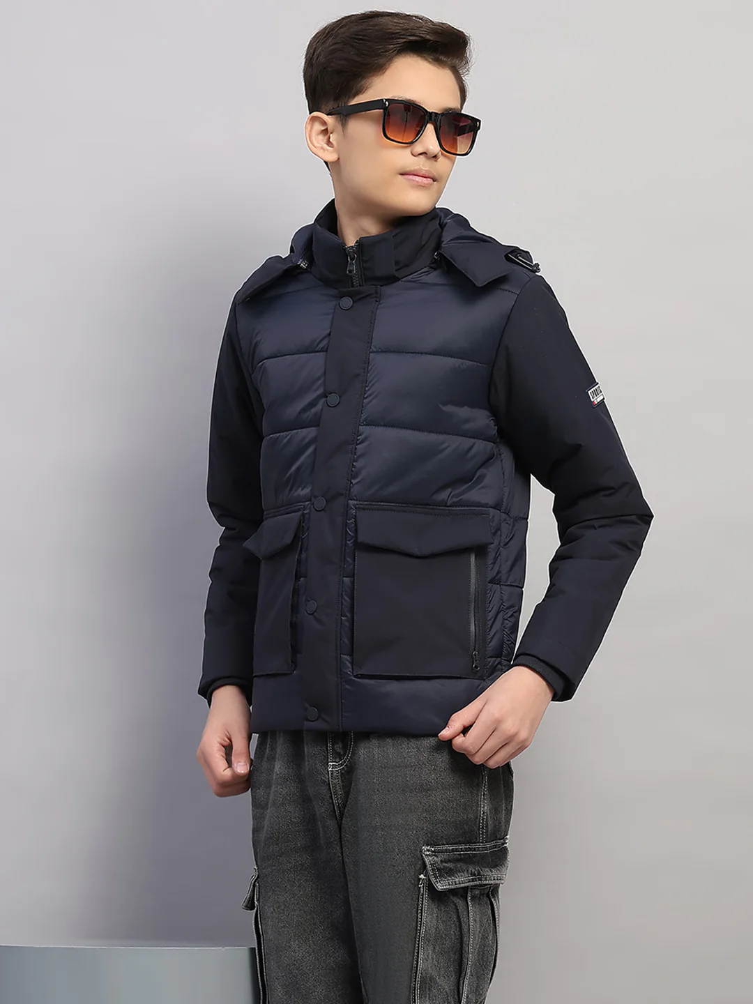 Boys Navy Blue Solid Hooded Full Sleeve Jacket - Image 6