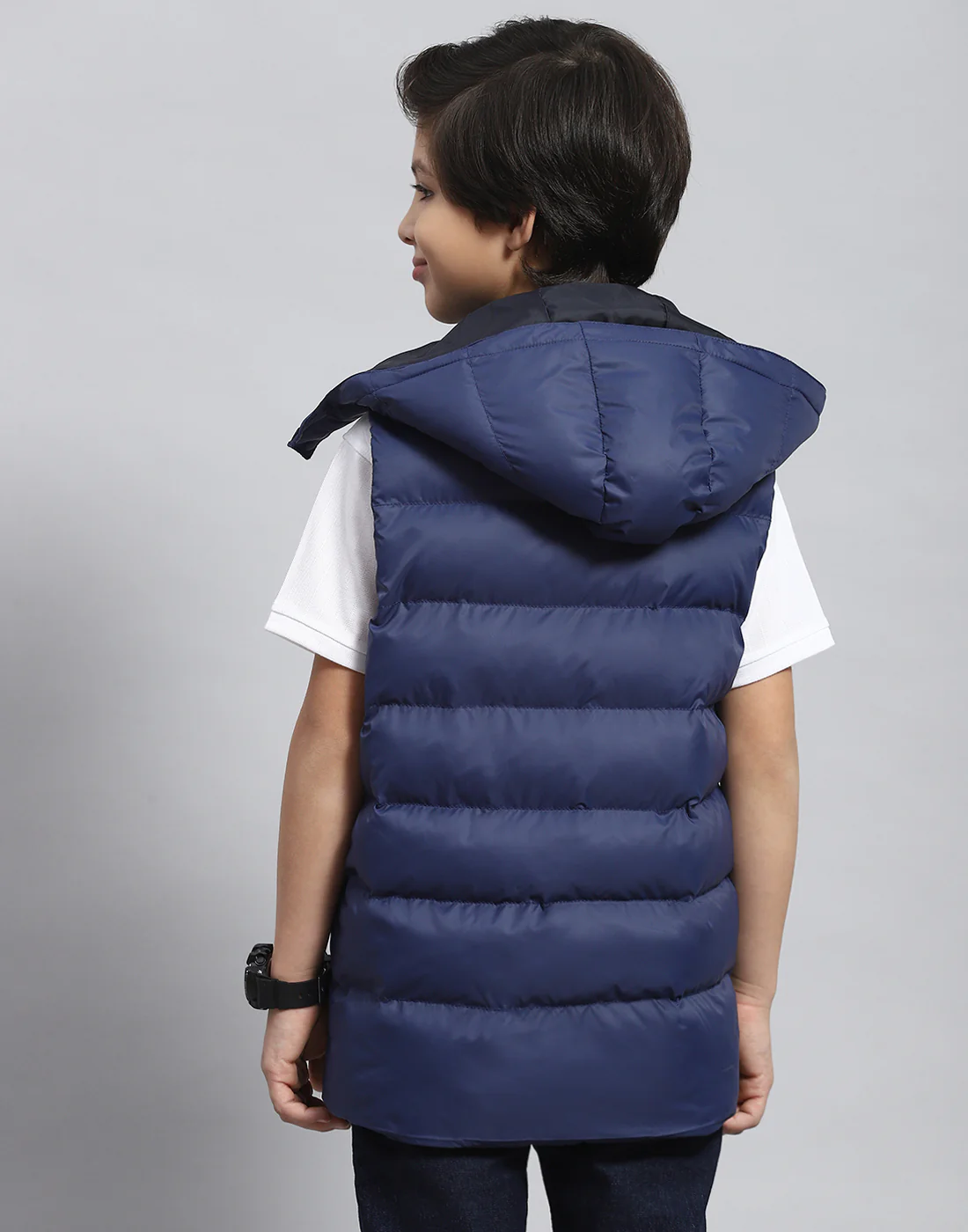 Boys Navy Blue Solid Hooded Sleeveless Boys Jacket - Image 5