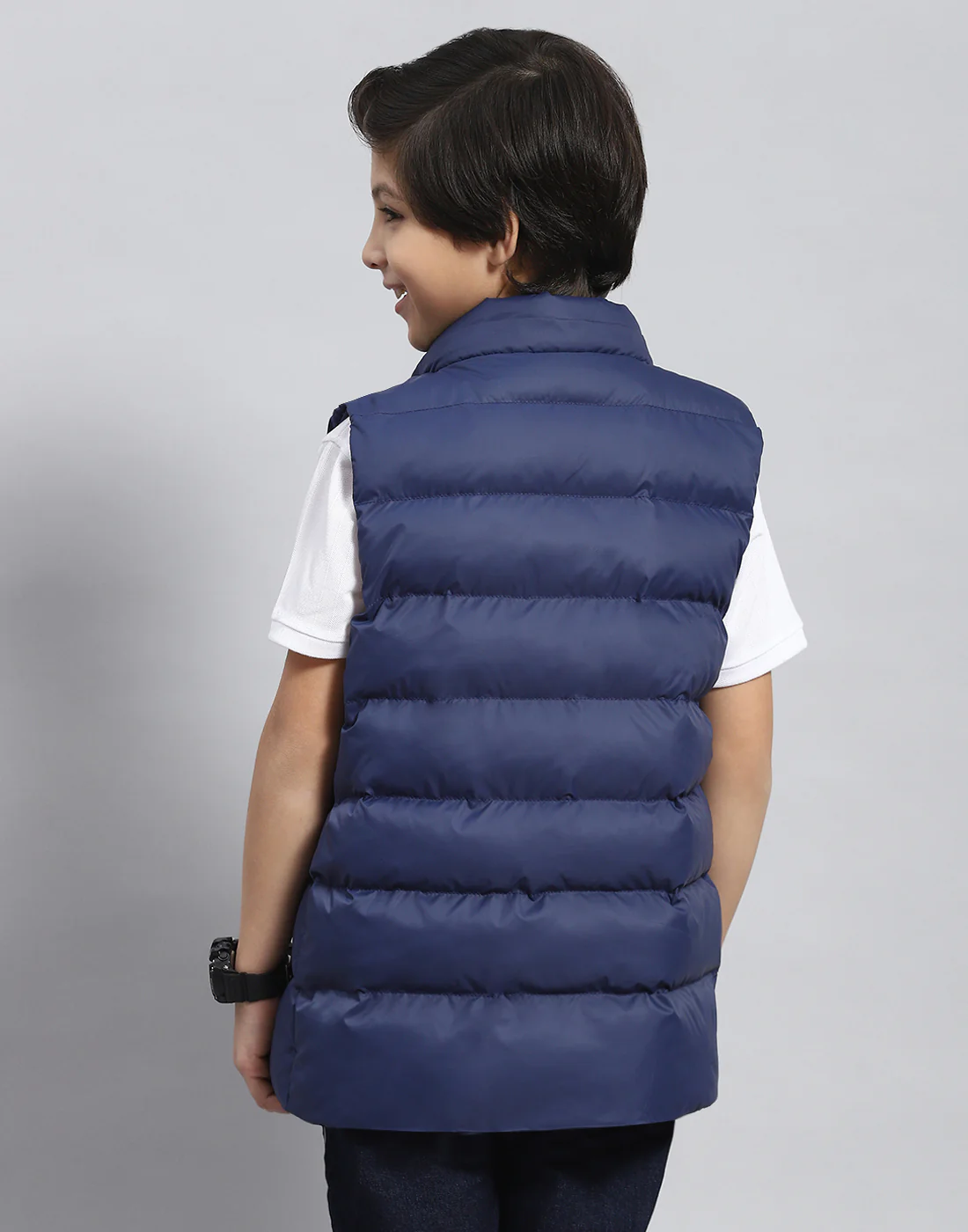 Boys Navy Blue Solid Hooded Sleeveless Boys Jacket - Image 7