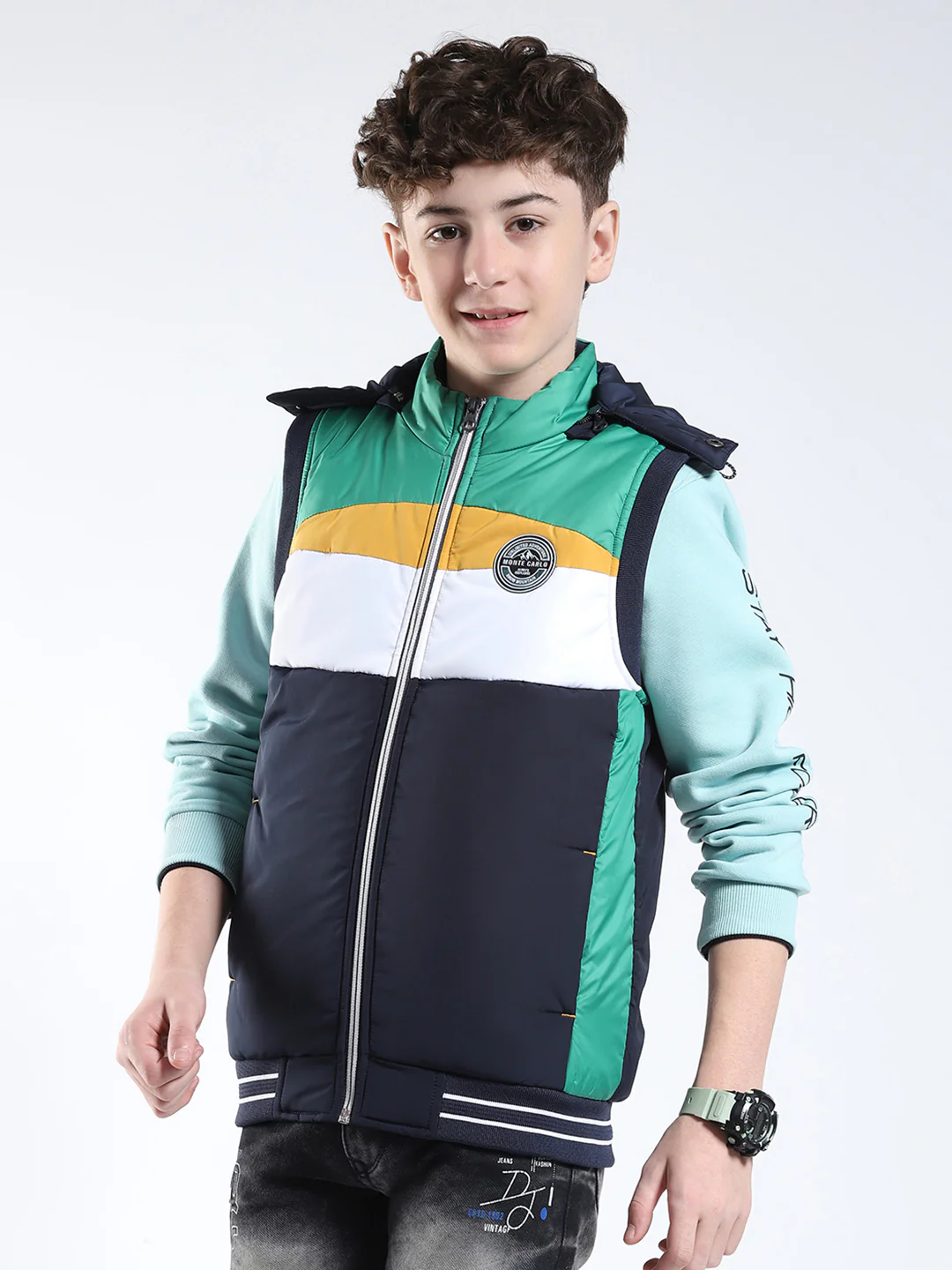 Boys Navy Blue Solid Hooded Sleeveless Jacket - Image 3